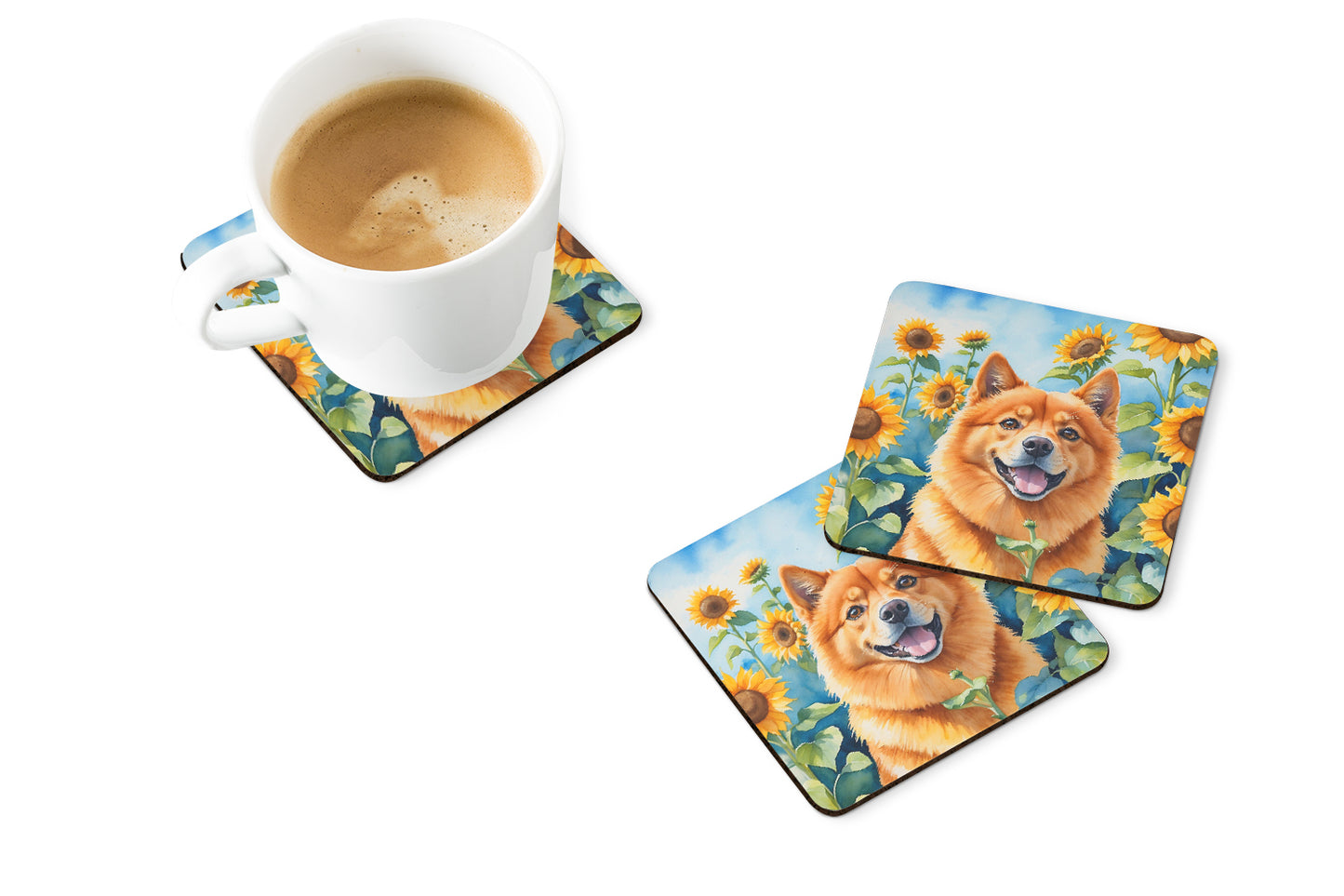 Finnish Spitz in Sunflowers Foam Coasters