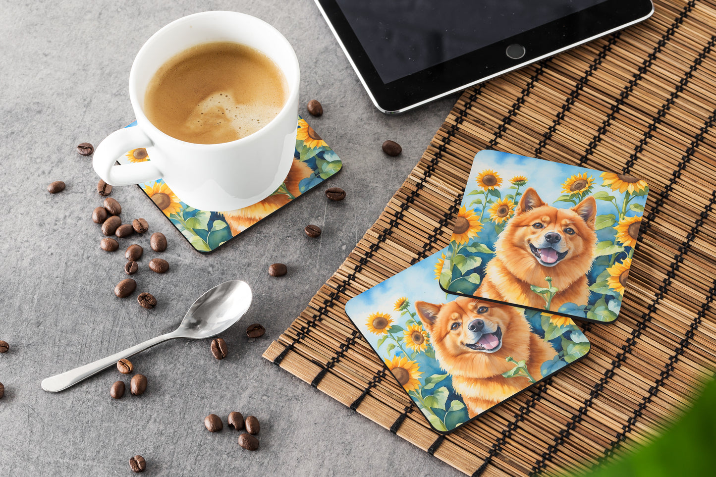 Finnish Spitz in Sunflowers Foam Coasters