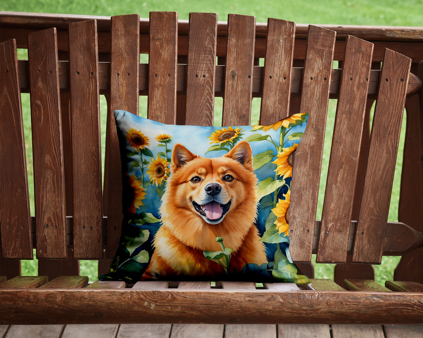 Finnish Spitz in Sunflowers Throw Pillow