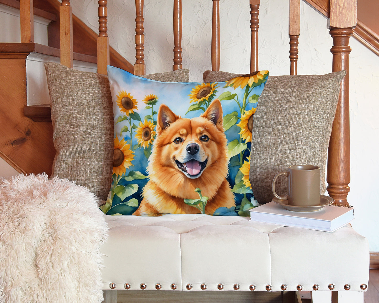 Finnish Spitz in Sunflowers Throw Pillow