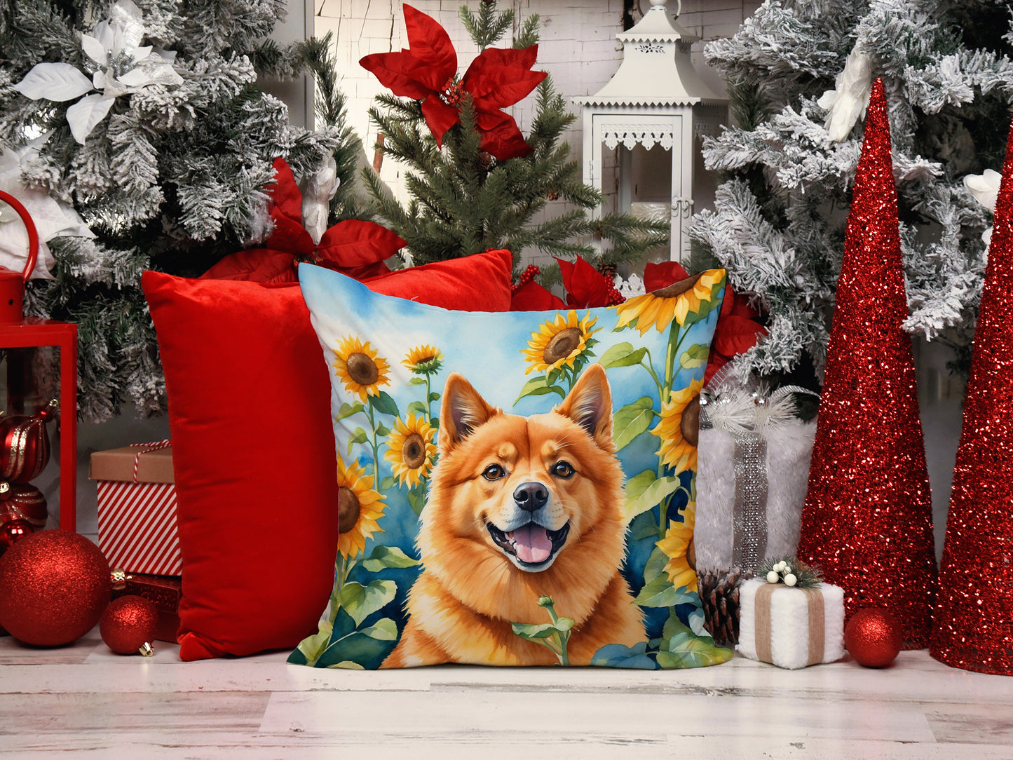 Finnish Spitz in Sunflowers Throw Pillow