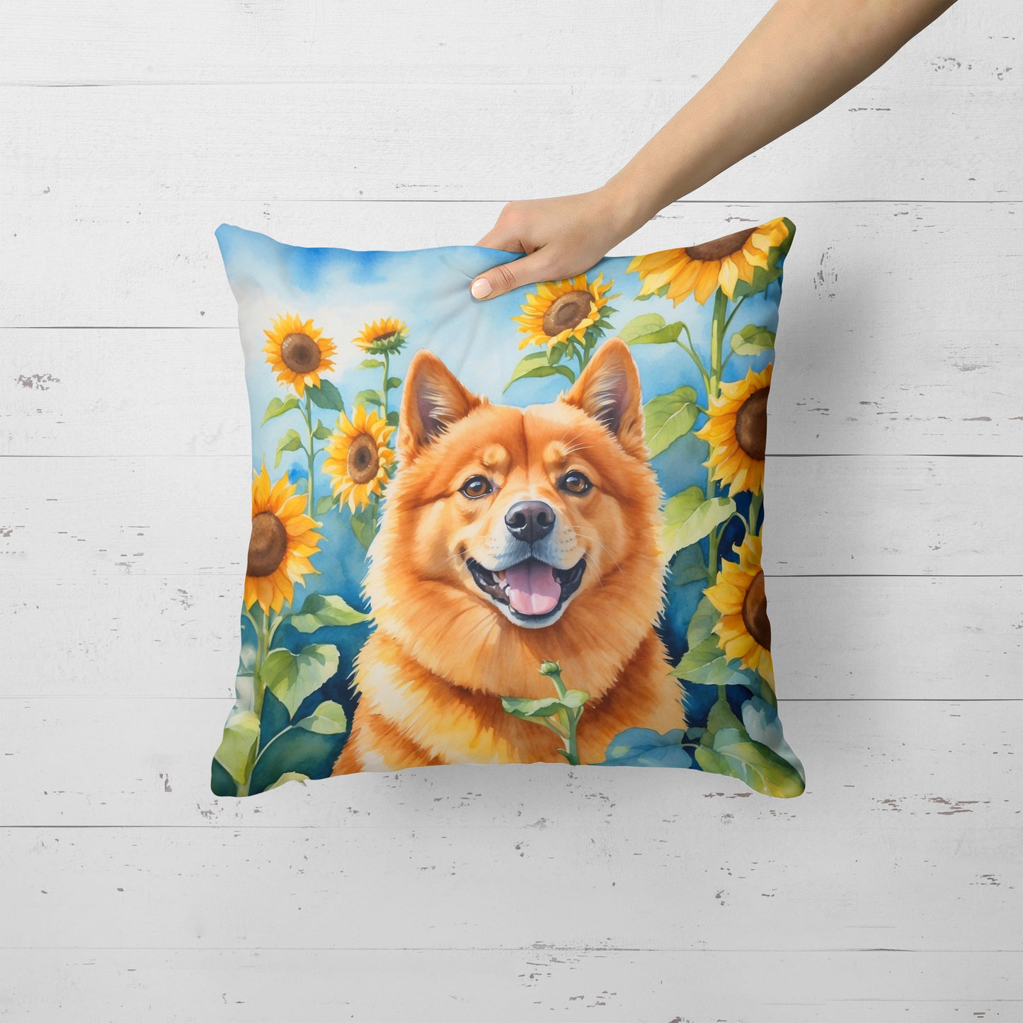 Finnish Spitz in Sunflowers Throw Pillow