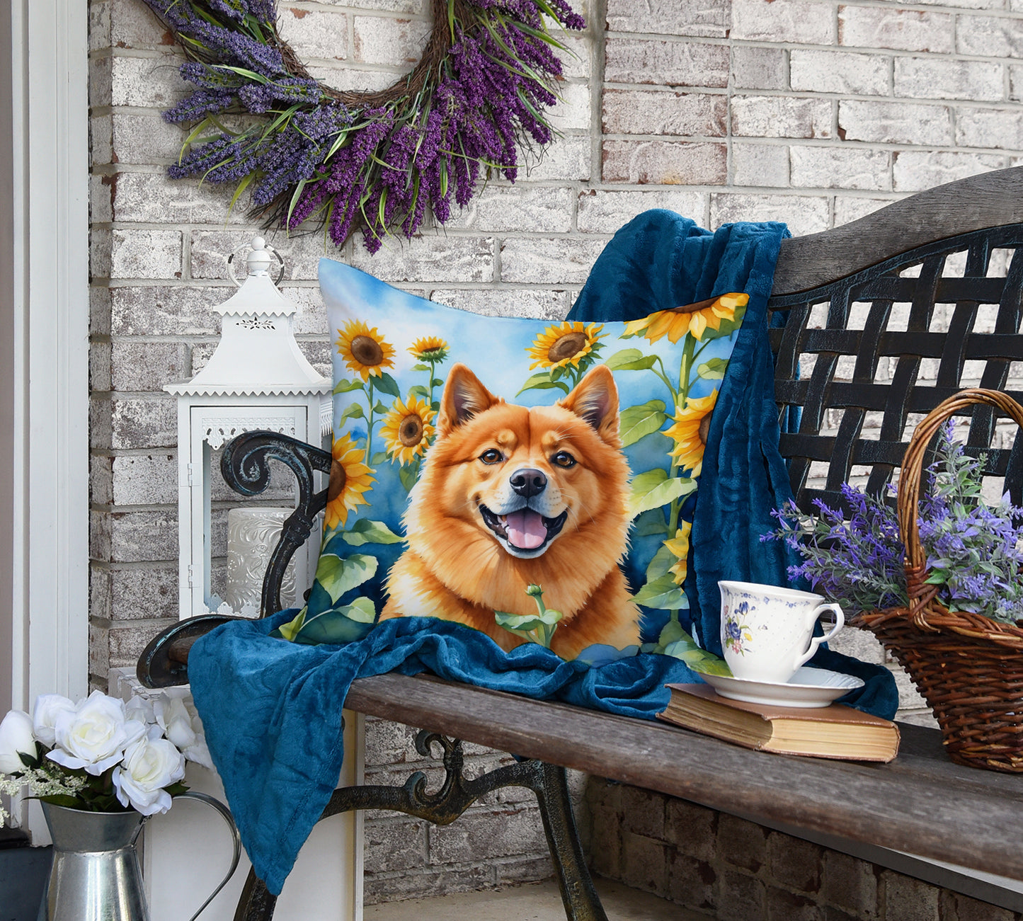 Finnish Spitz in Sunflowers Throw Pillow