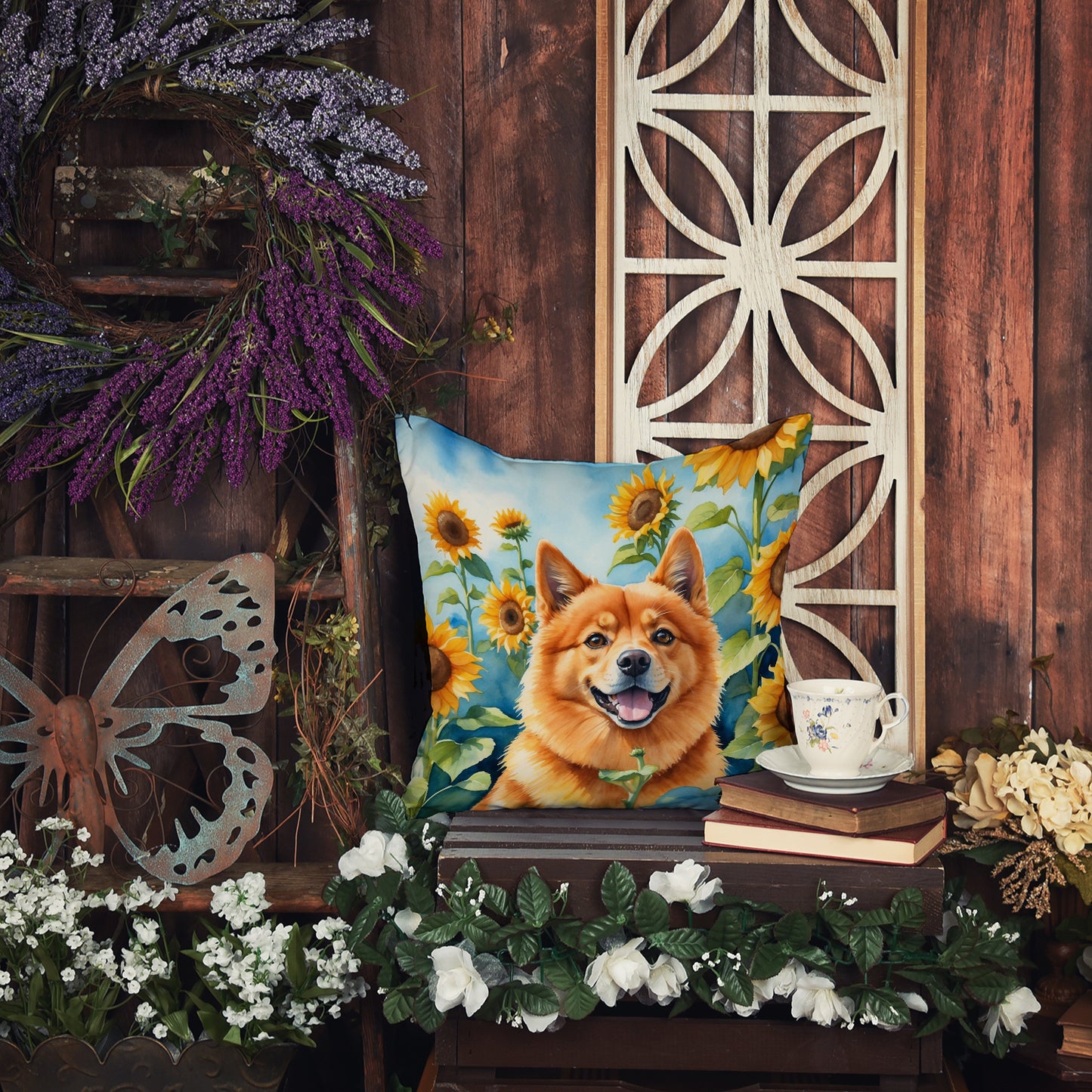 Finnish Spitz in Sunflowers Throw Pillow