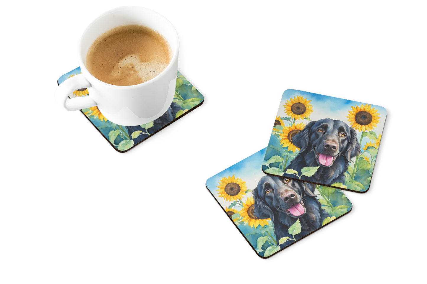 Flat-Coated Retriever in Sunflowers Foam Coasters