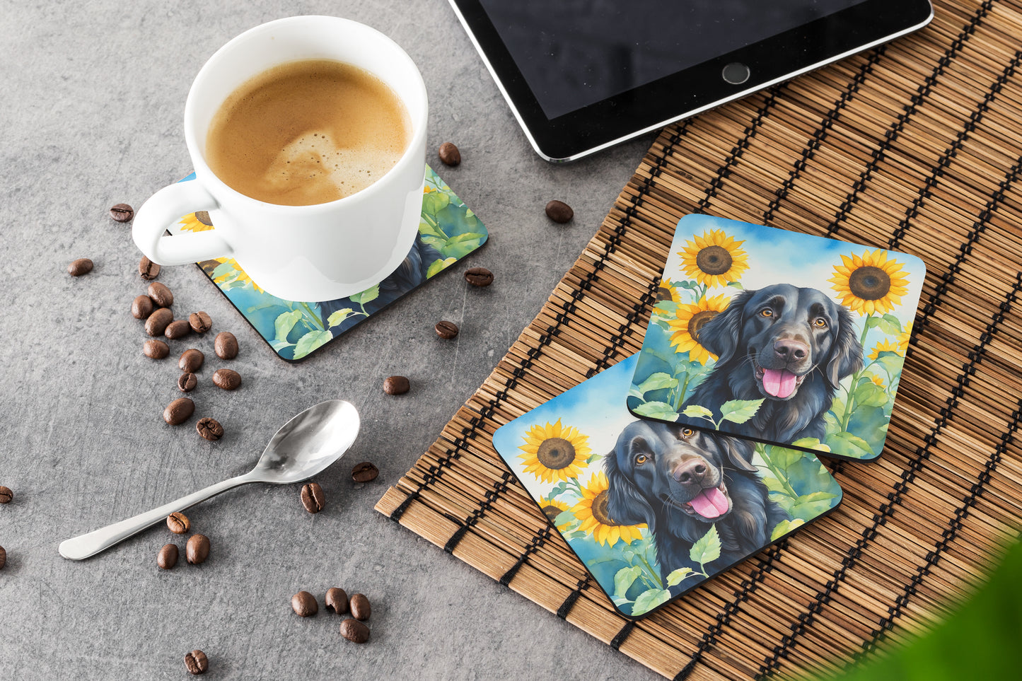 Flat-Coated Retriever in Sunflowers Foam Coasters