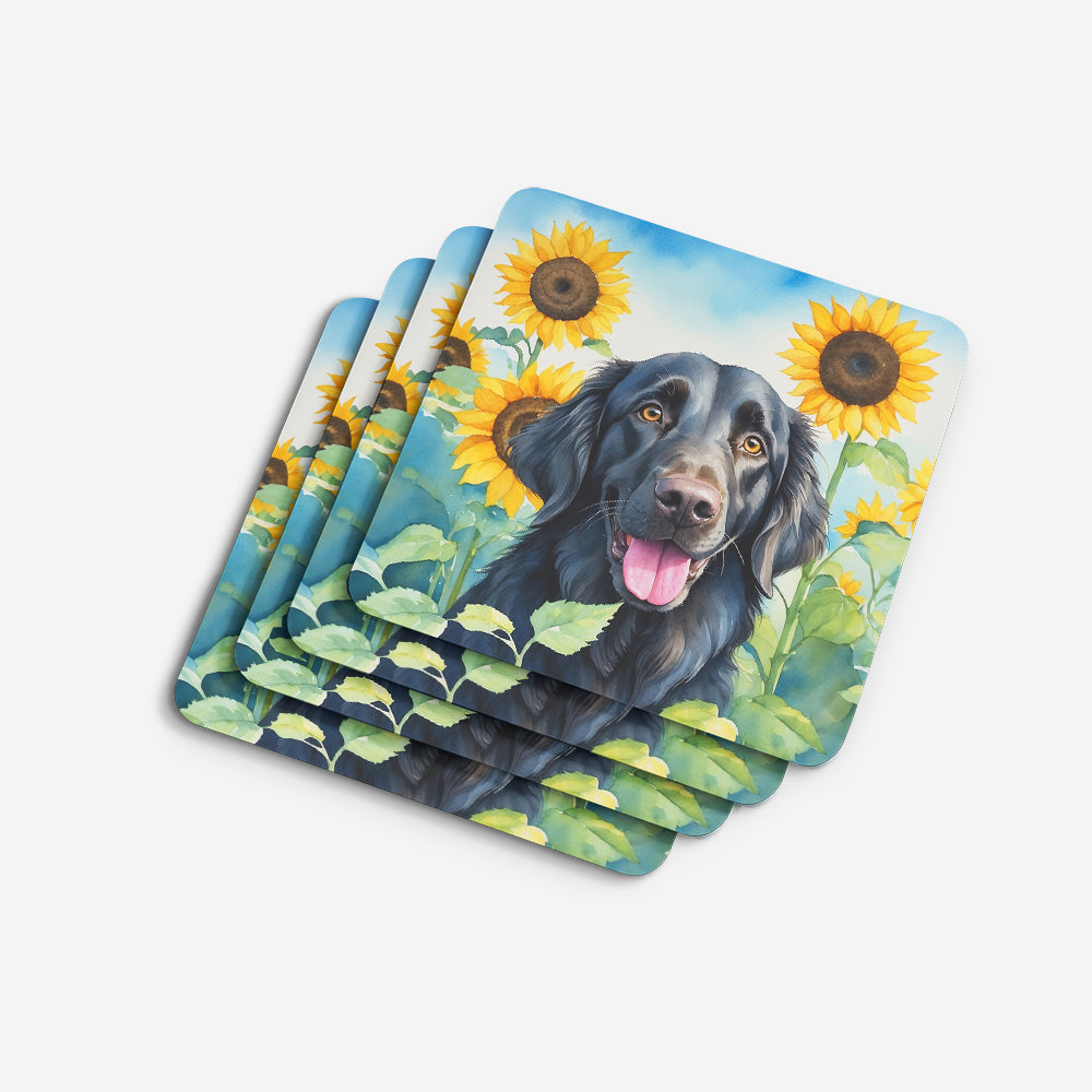 Flat-Coated Retriever in Sunflowers Foam Coasters