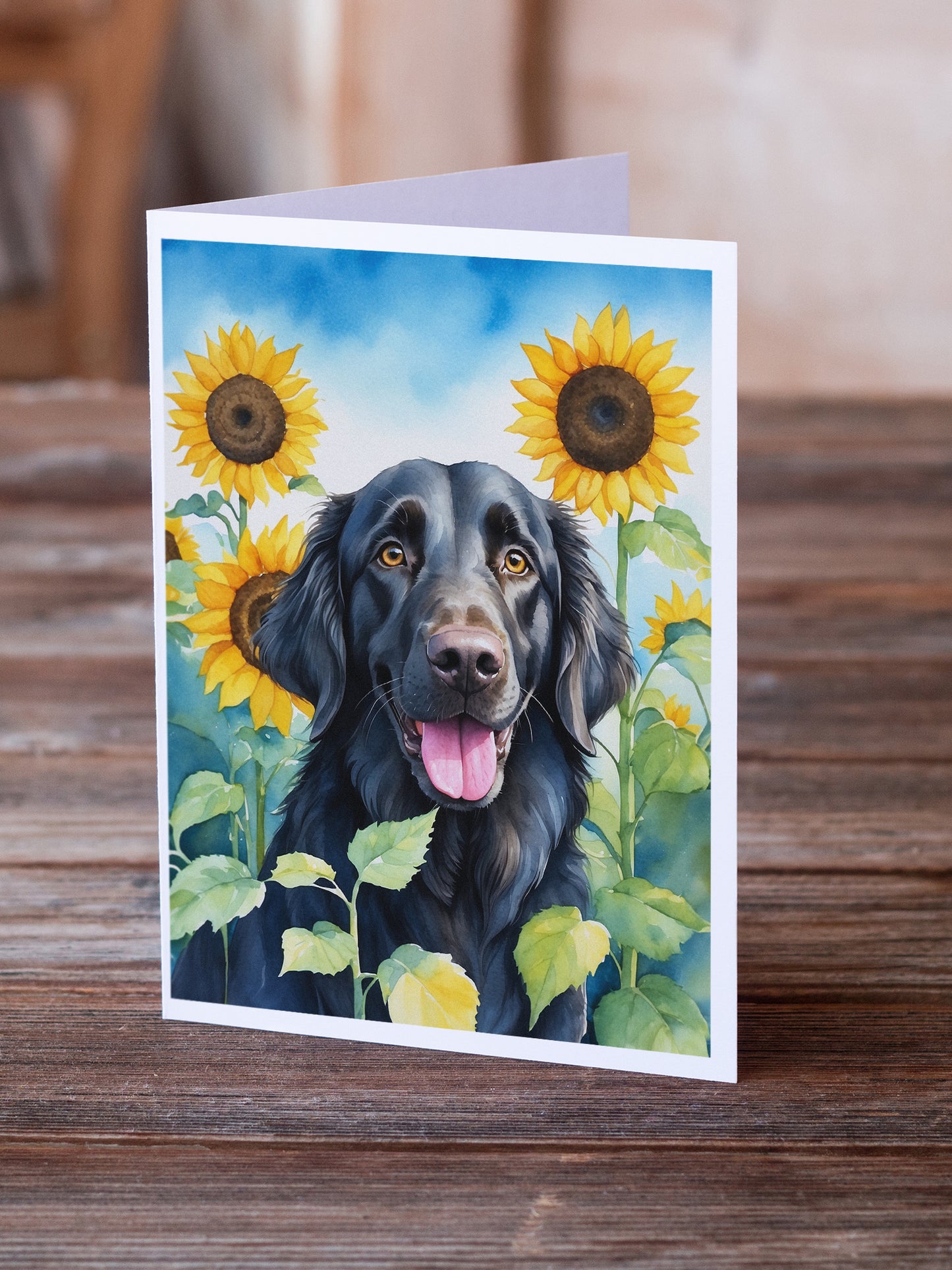 Flat-Coated Retriever in Sunflowers Greeting Cards Pack of 8