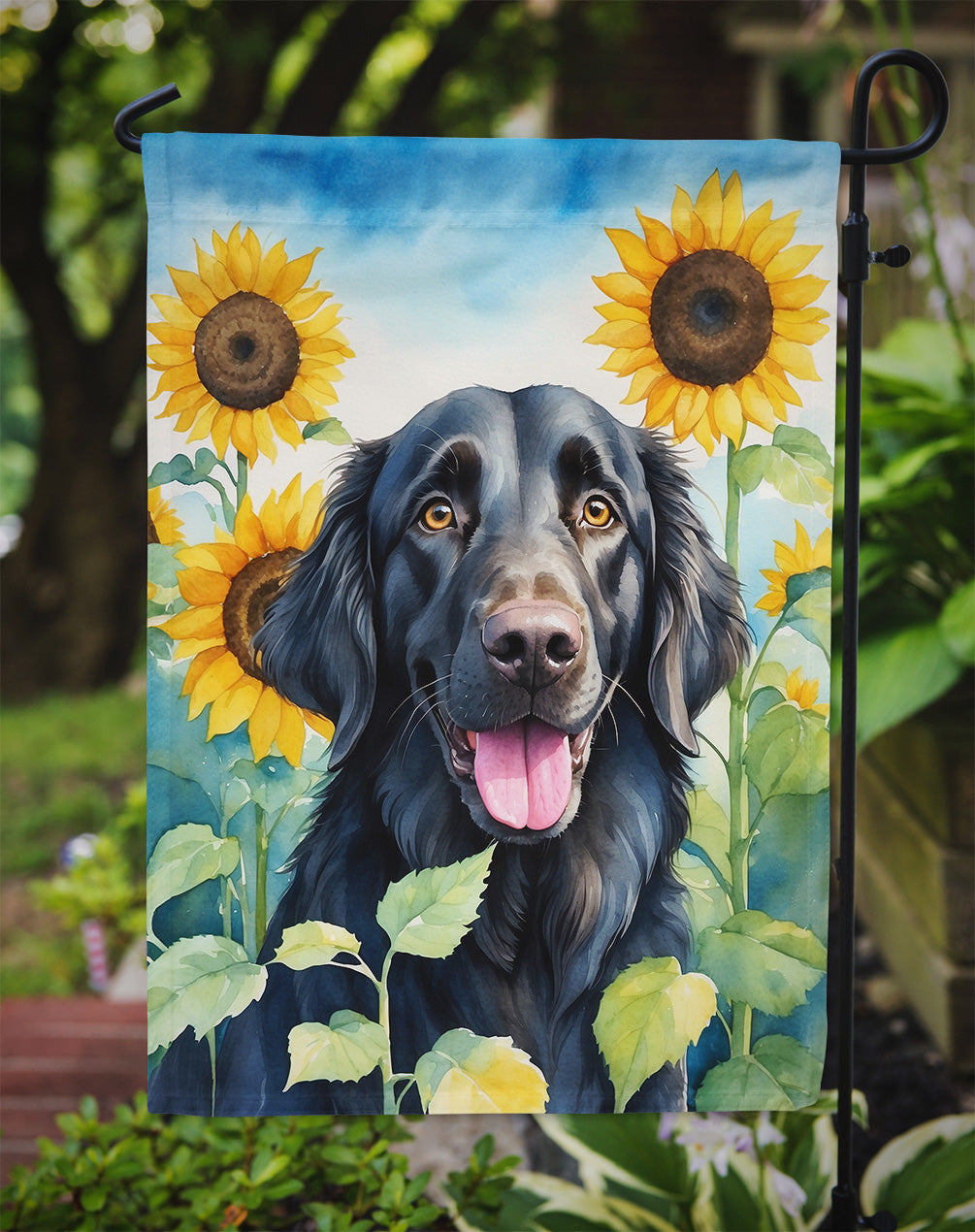 Flat-Coated Retriever in Sunflowers Garden Flag