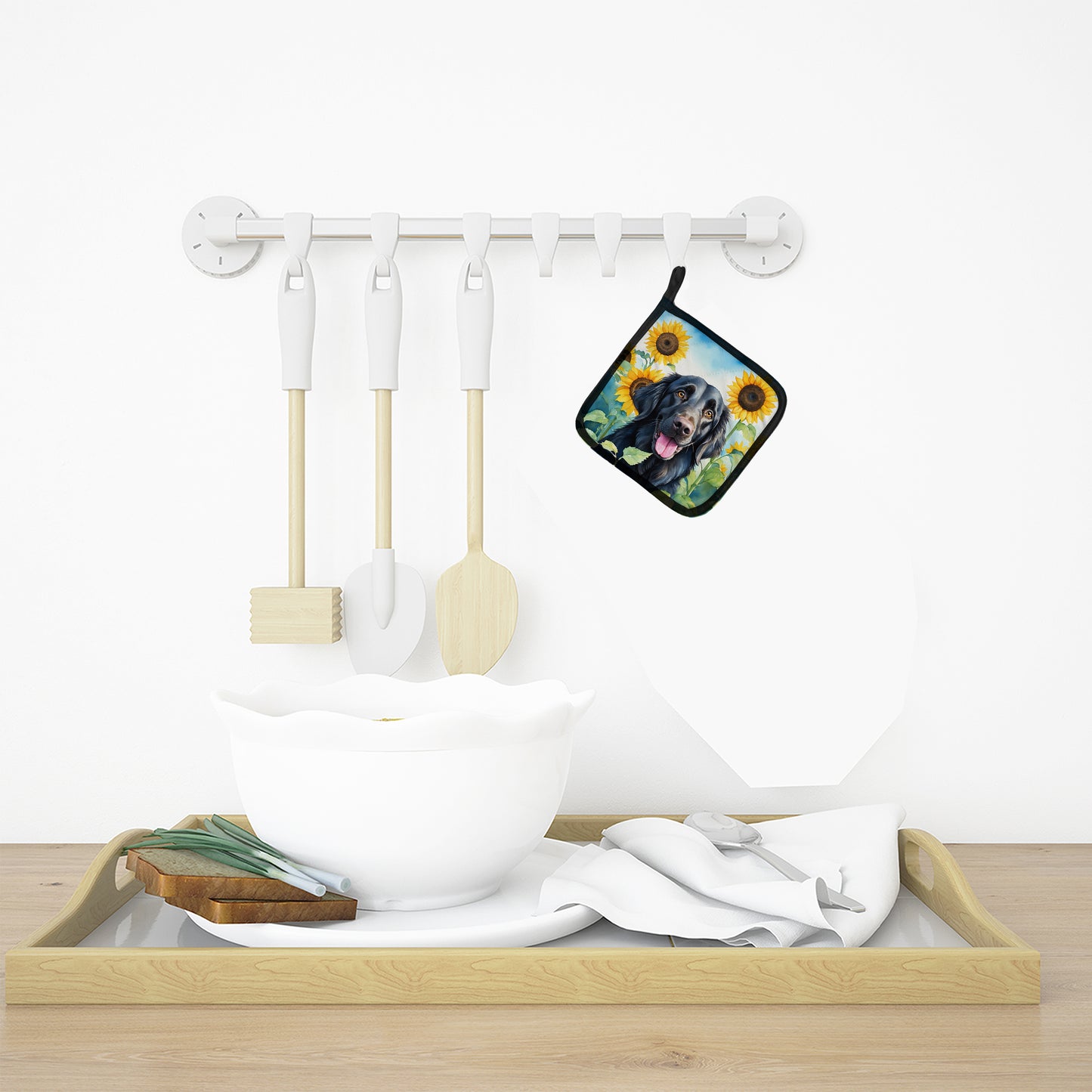 Flat-Coated Retriever in Sunflowers Pair of Pot Holders