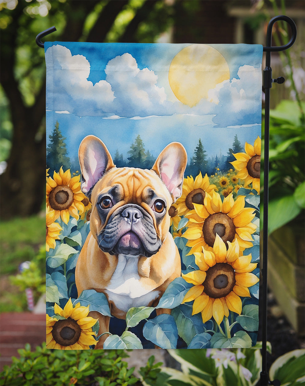 French Bulldog in Sunflowers Garden Flag
