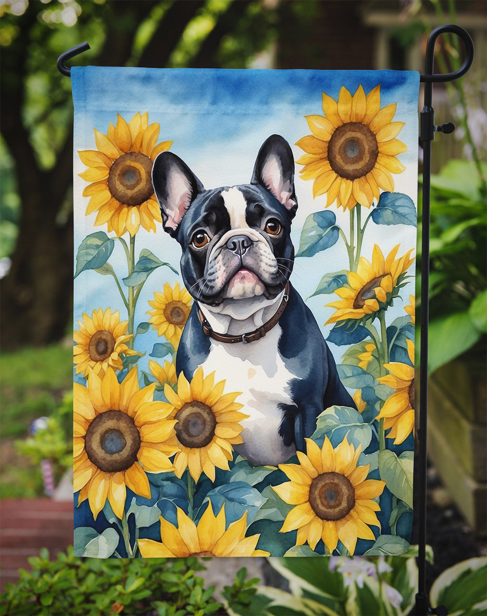 French Bulldog in Sunflowers Garden Flag