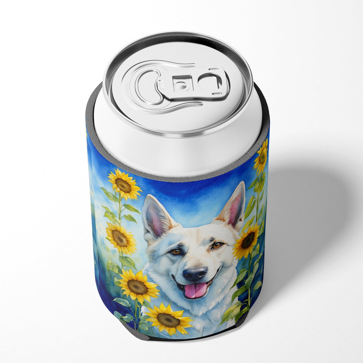 White German Shepherd in Sunflowers Can or Bottle Hugger