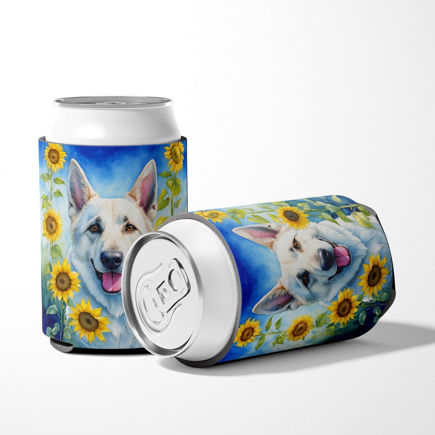 White German Shepherd in Sunflowers Can or Bottle Hugger
