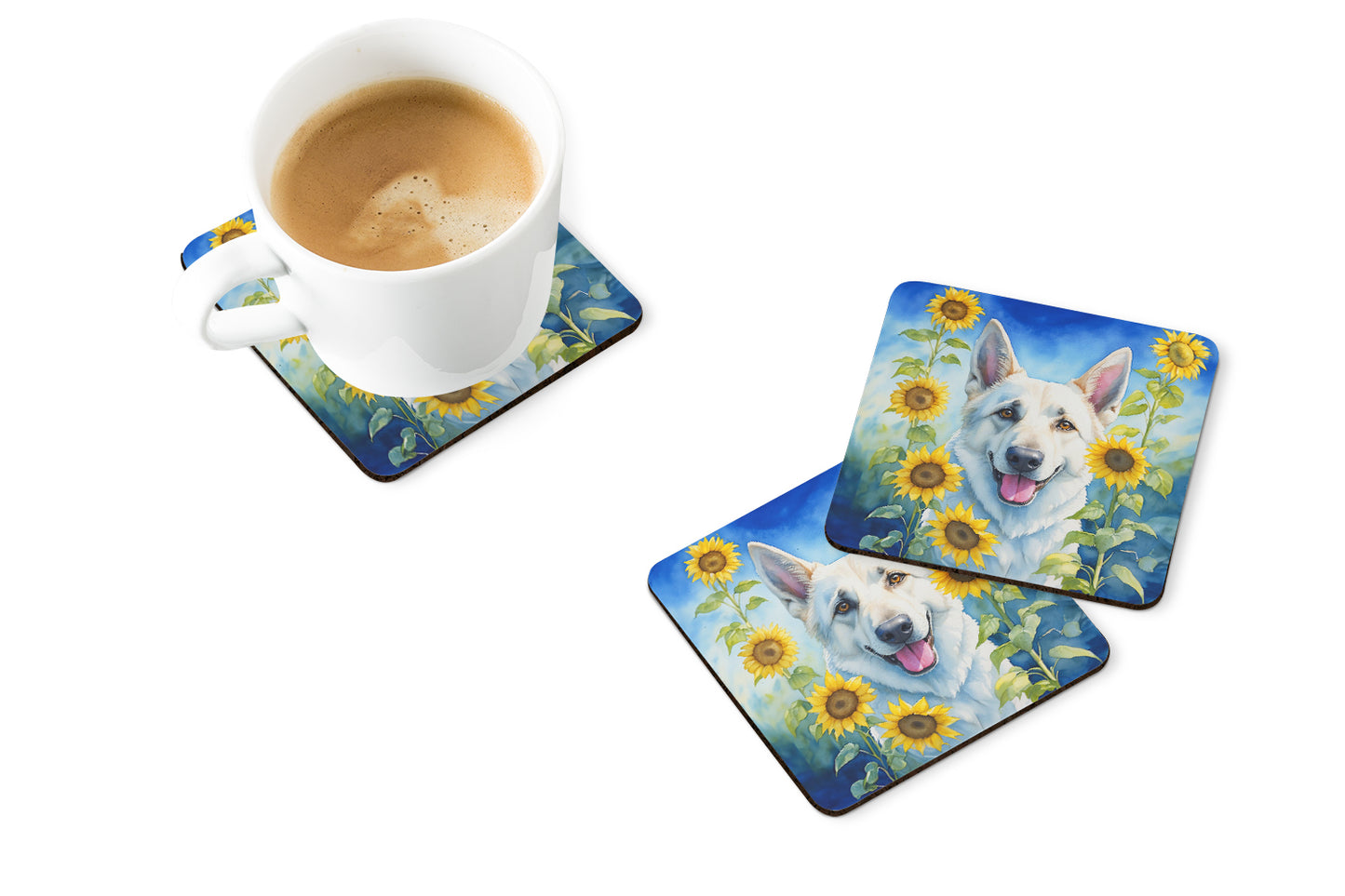 White German Shepherd in Sunflowers Foam Coasters
