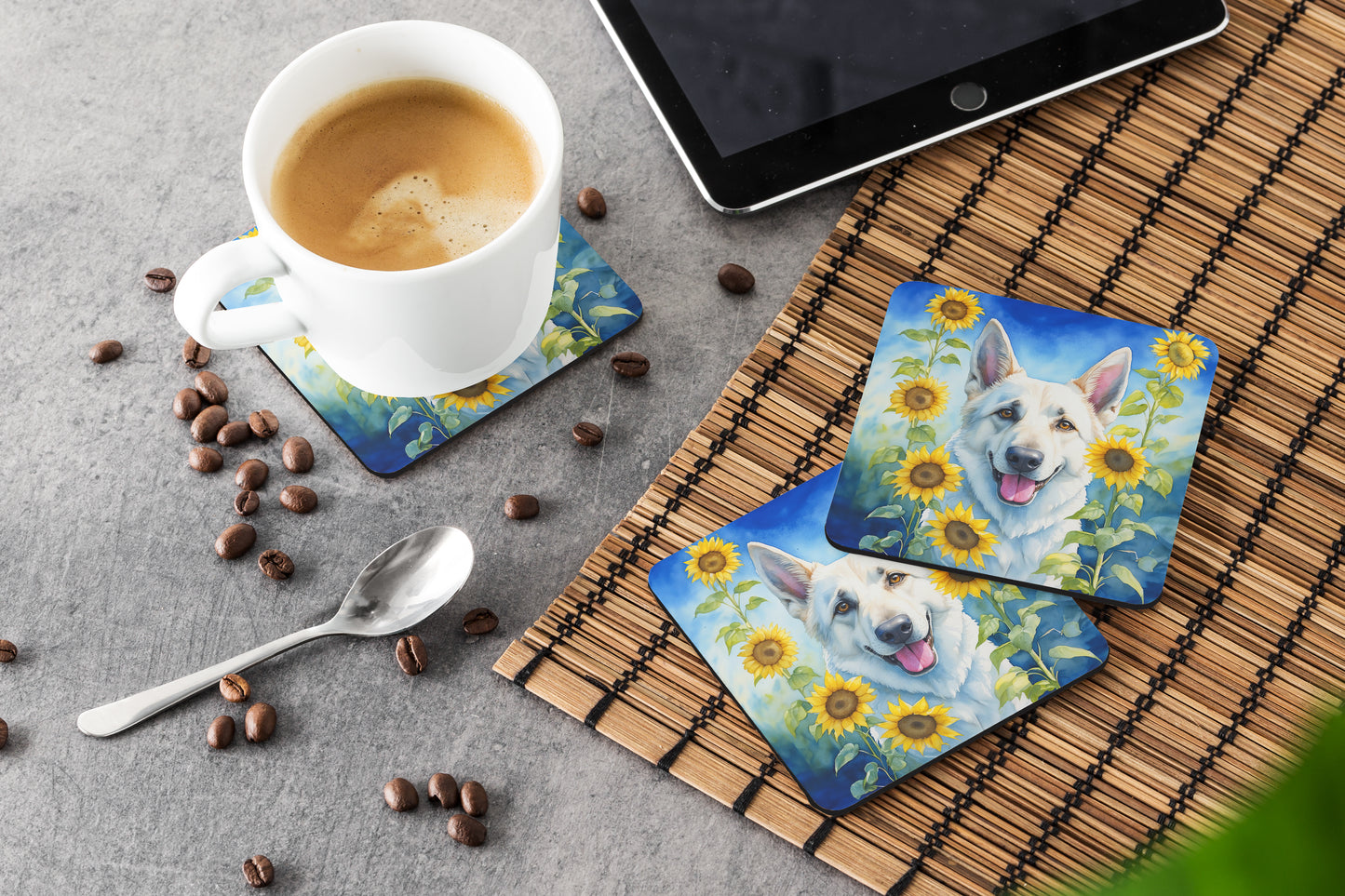 White German Shepherd in Sunflowers Foam Coasters
