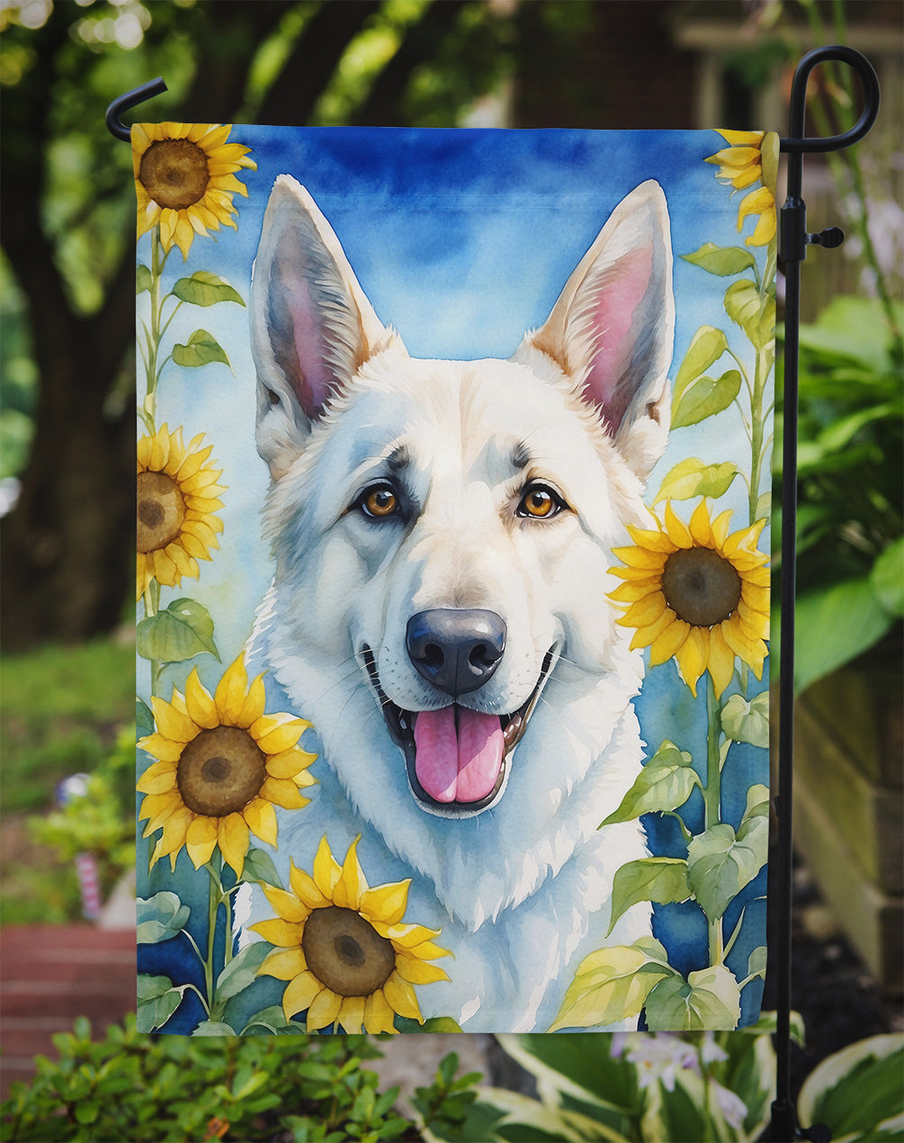 White German Shepherd in Sunflowers Garden Flag
