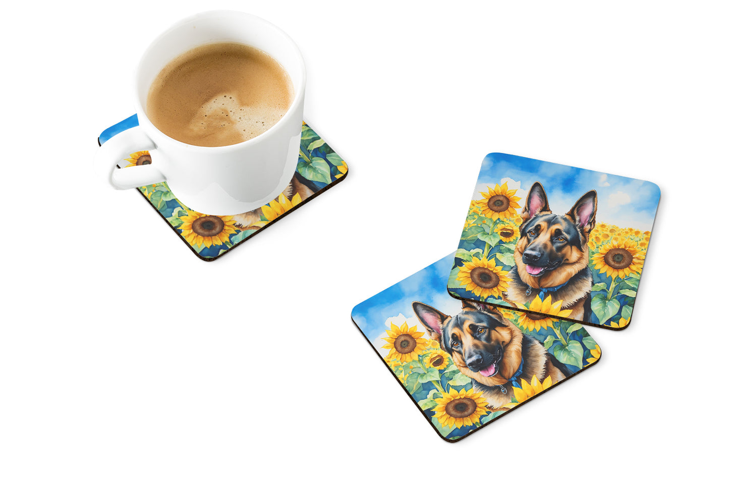 German Shepherd in Sunflowers Foam Coasters