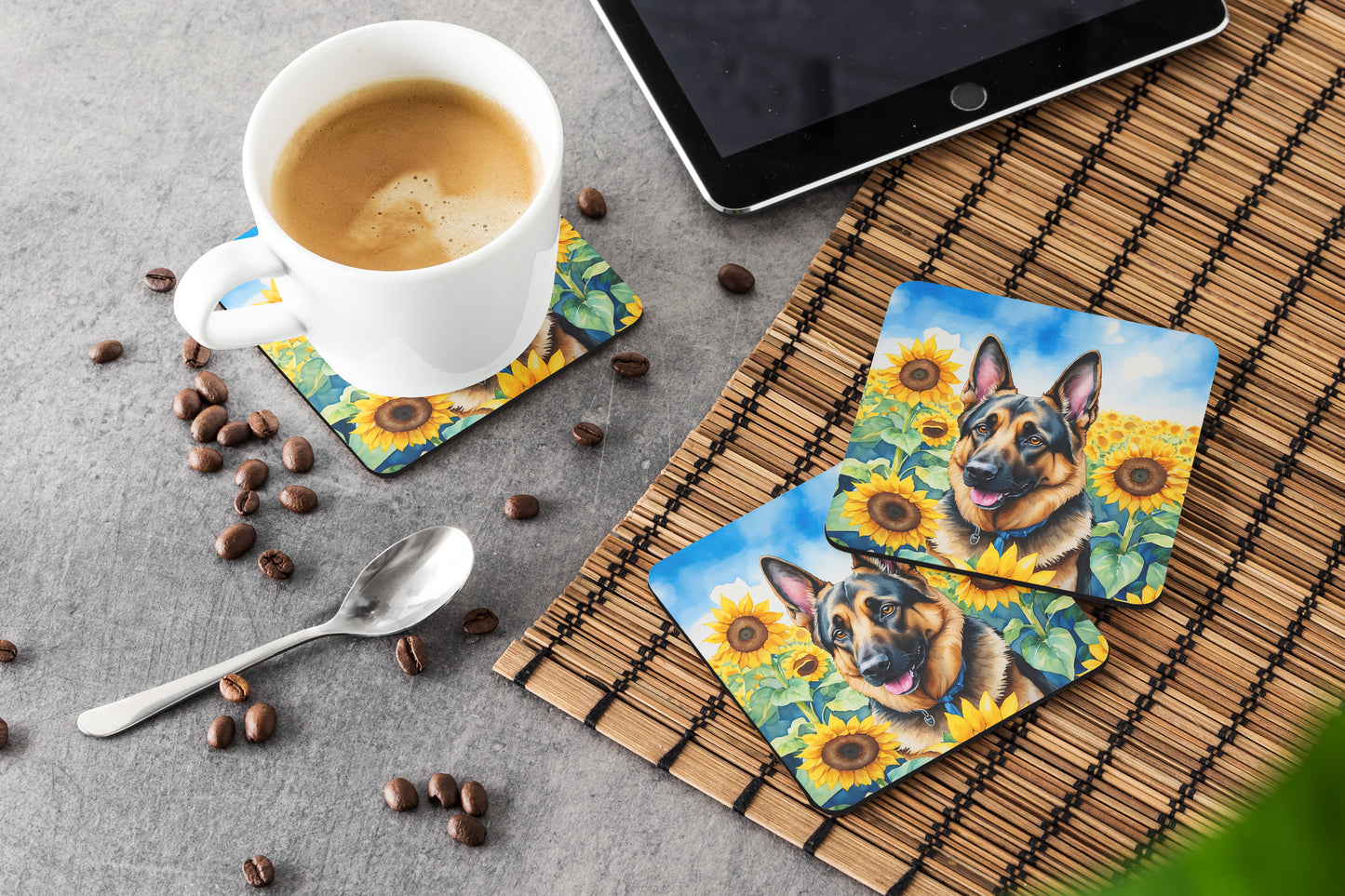 German Shepherd in Sunflowers Foam Coasters