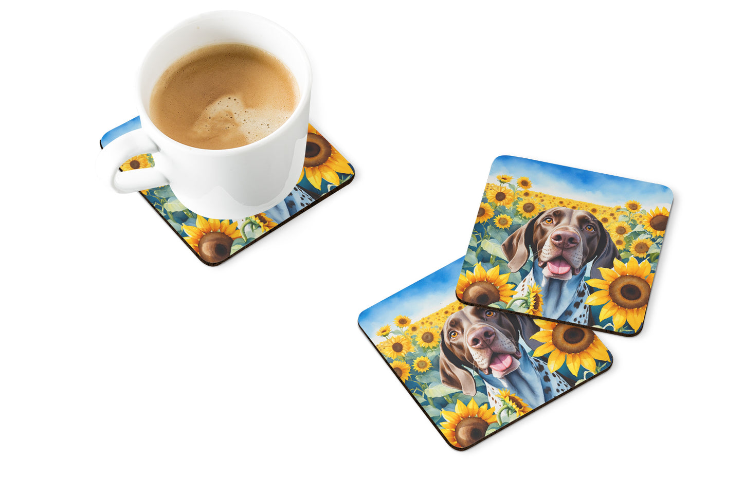 German Shorthaired Pointer in Sunflowers Foam Coasters