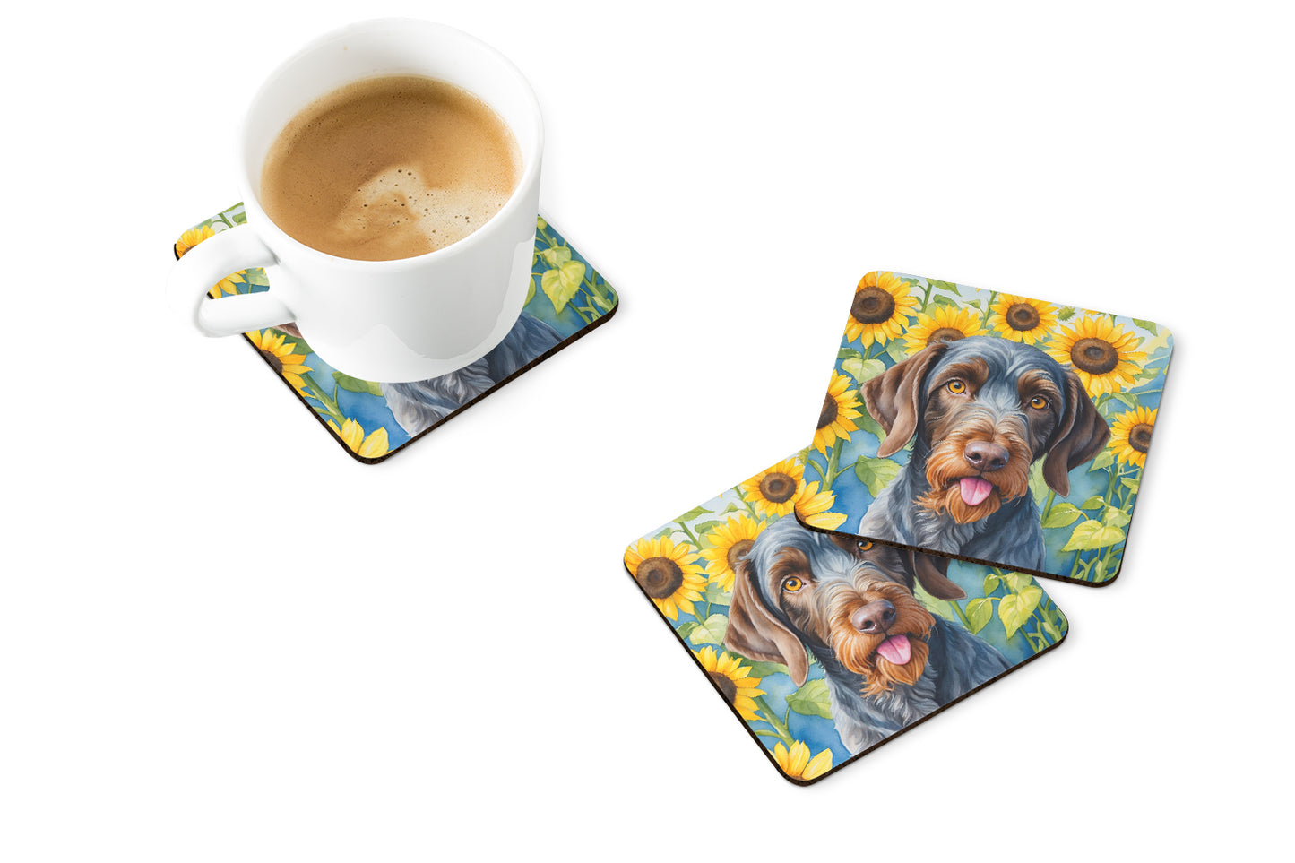 German Wirehaired Pointer in Sunflowers Foam Coasters
