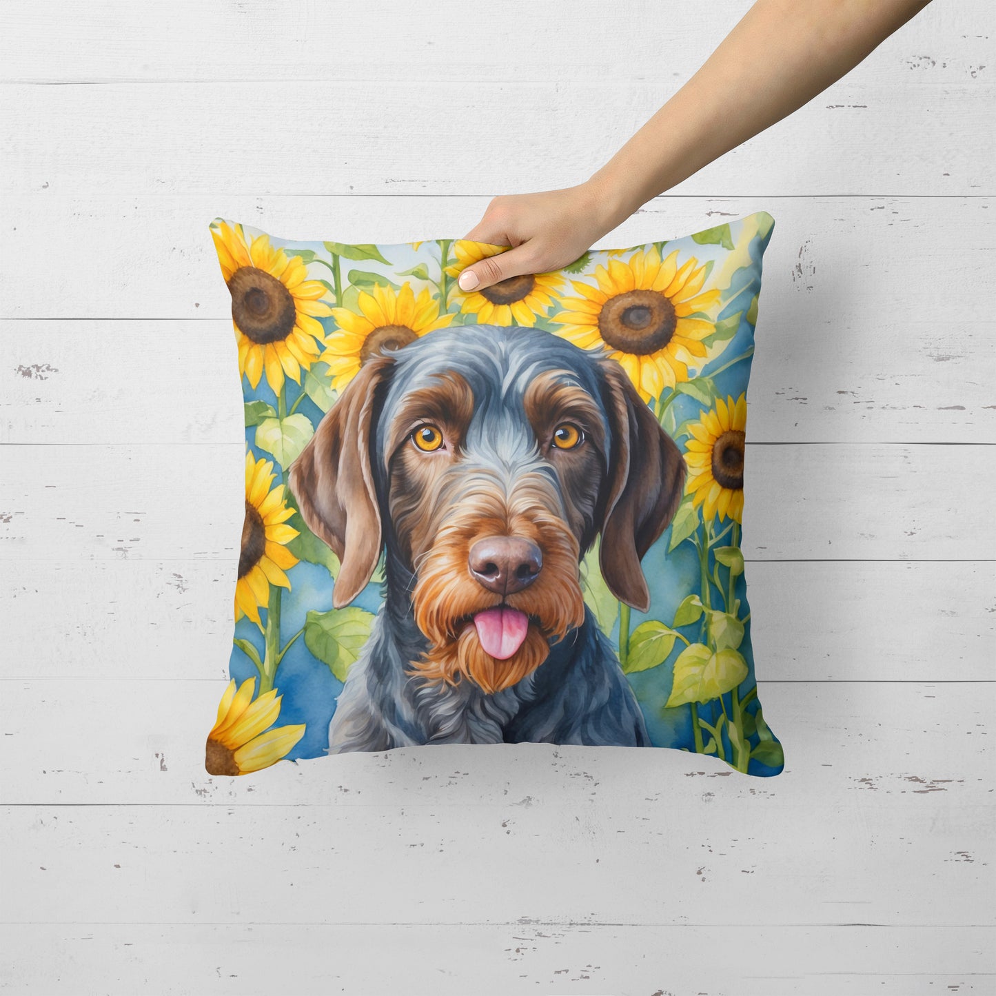 German Wirehaired Pointer in Sunflowers Throw Pillow