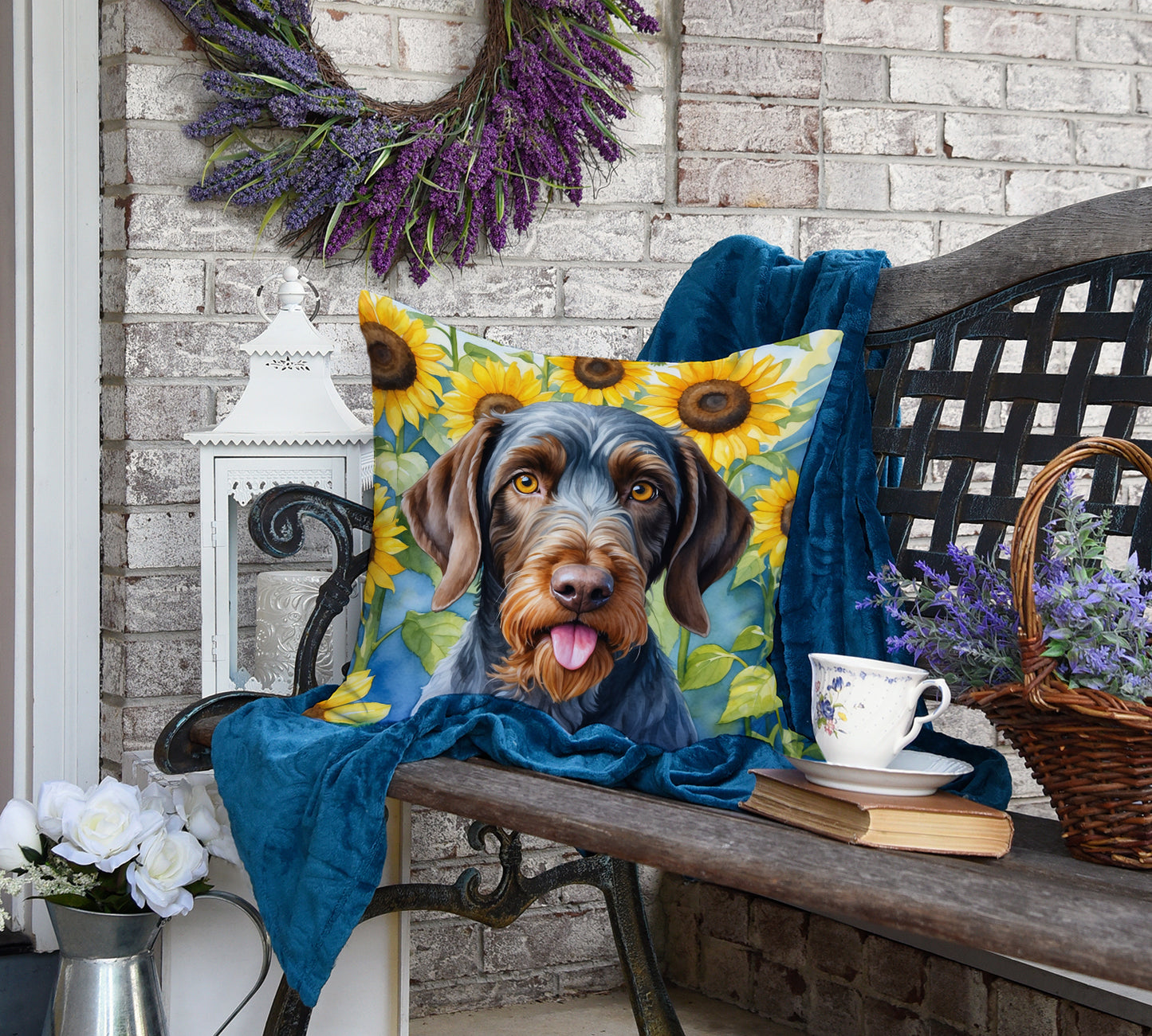 German Wirehaired Pointer in Sunflowers Throw Pillow