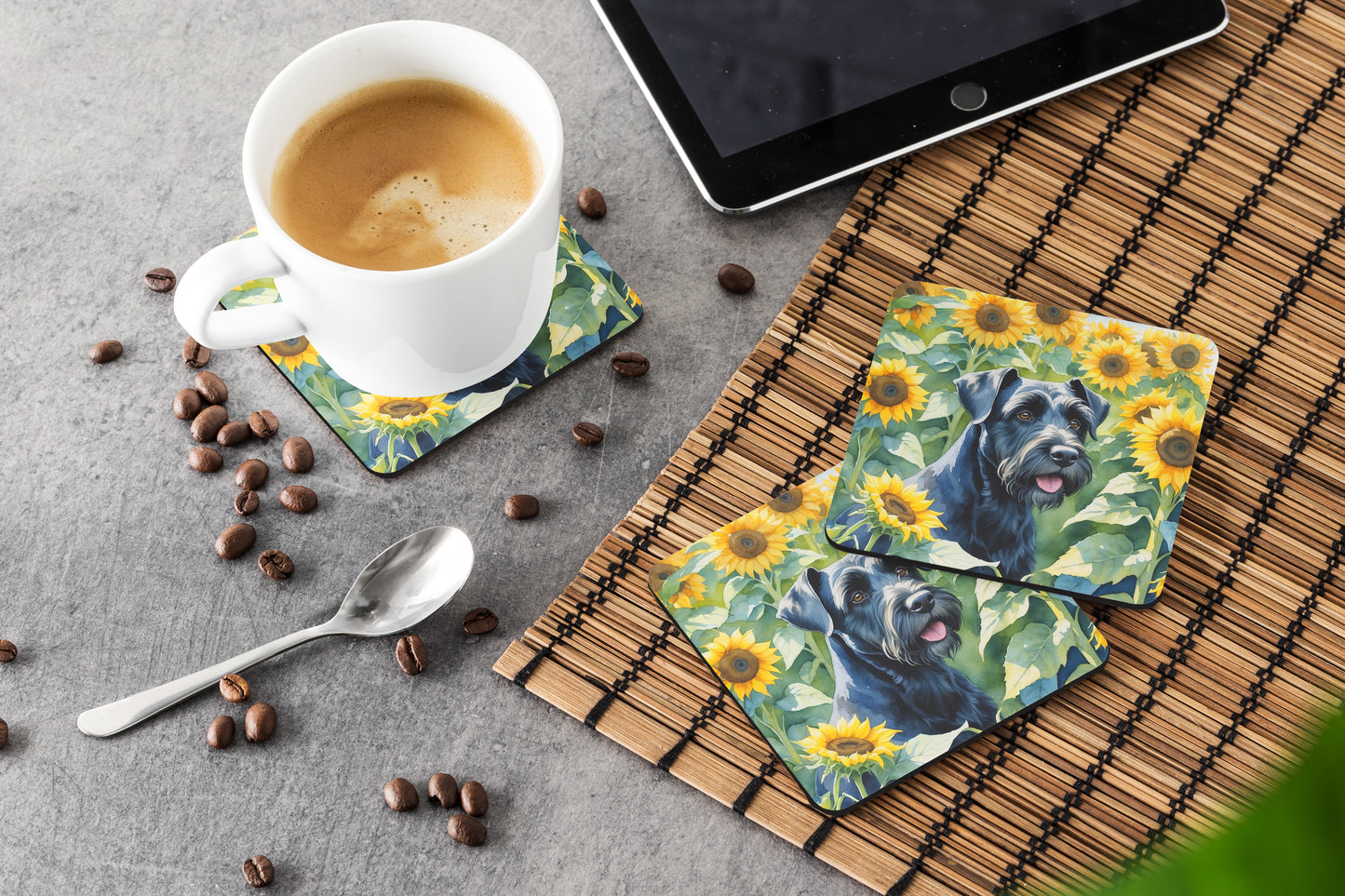 Giant Schnauzer in Sunflowers Foam Coasters