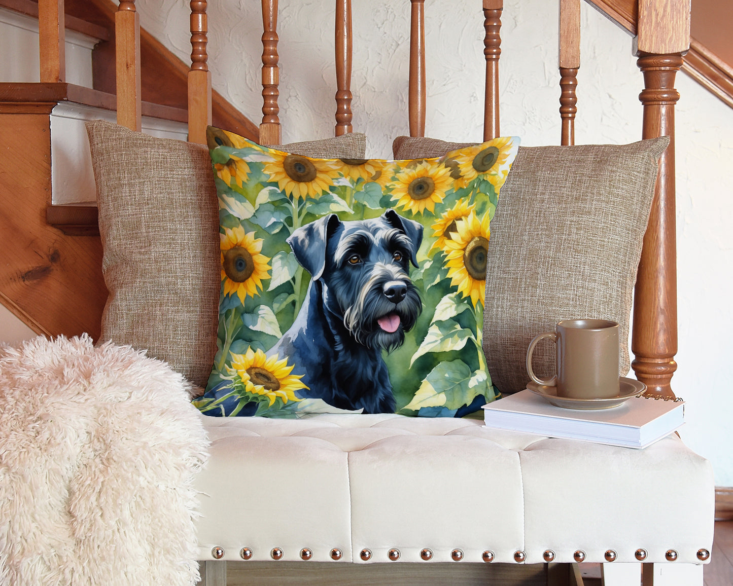 Giant Schnauzer in Sunflowers Throw Pillow