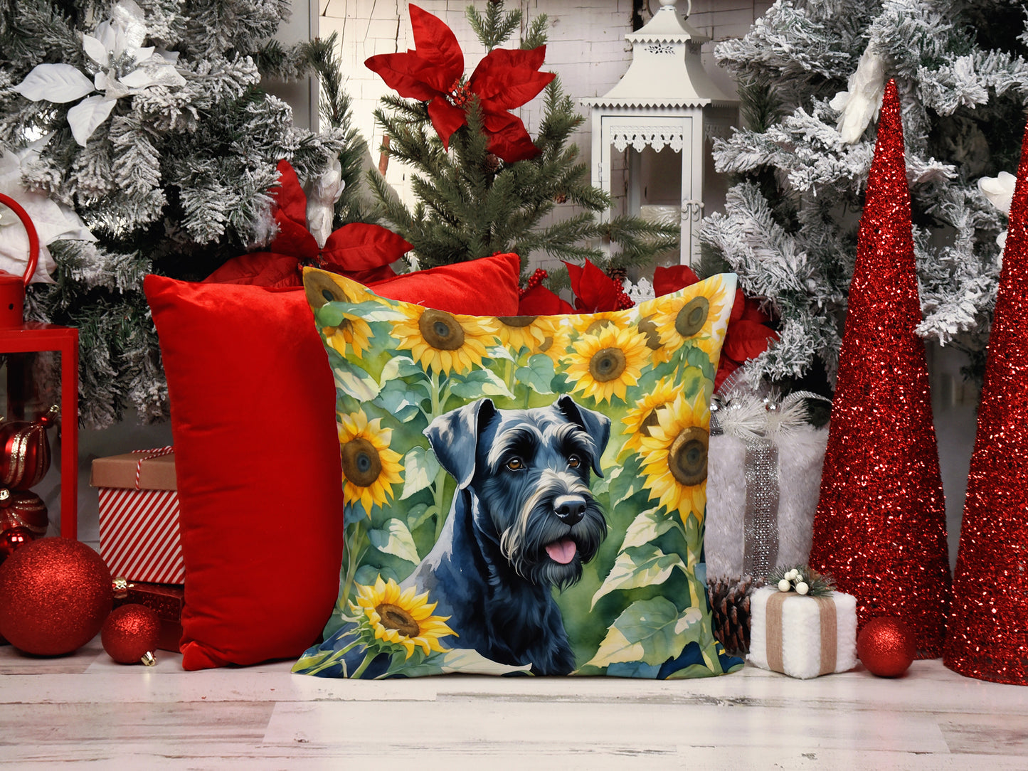 Giant Schnauzer in Sunflowers Throw Pillow