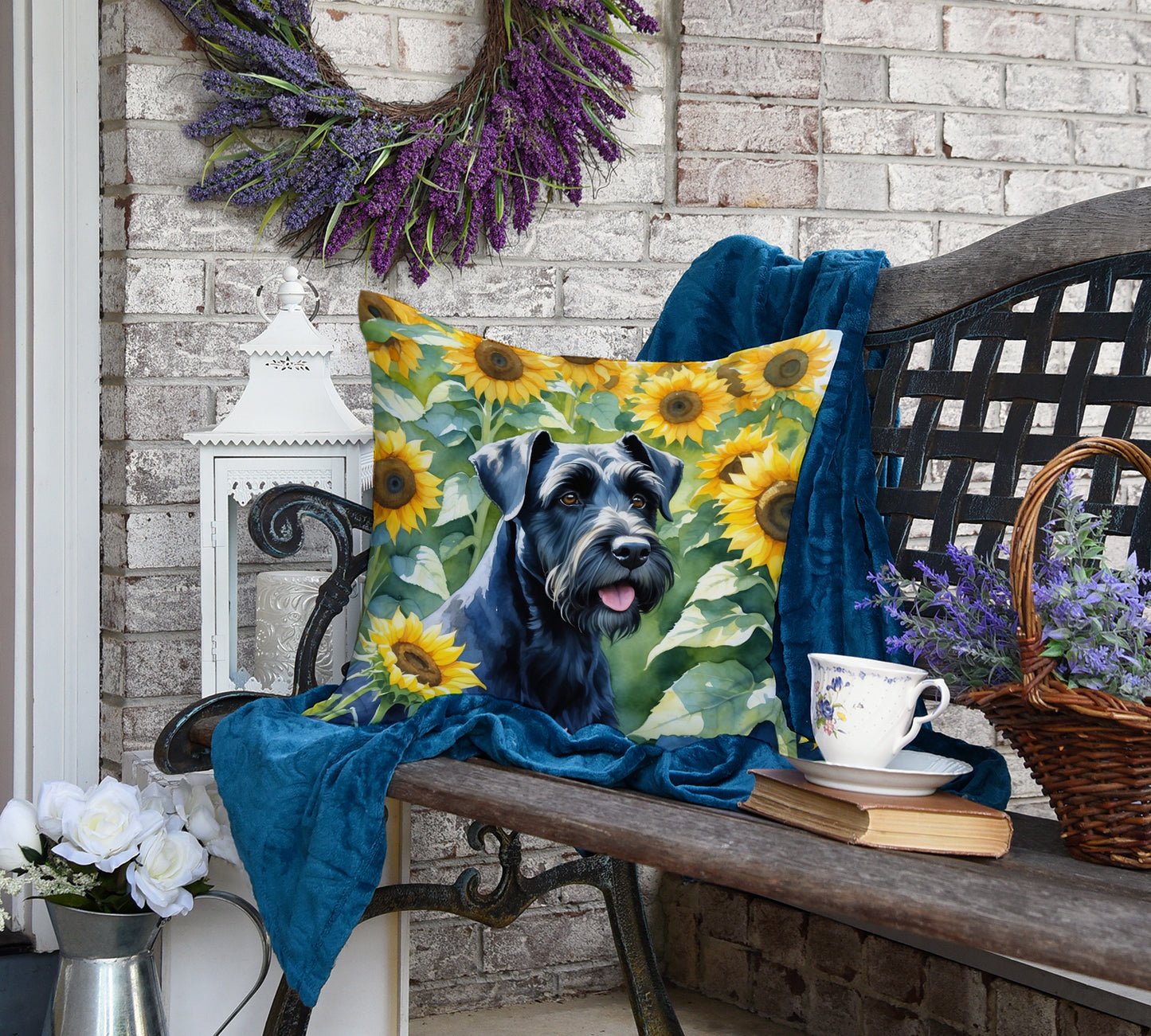 Giant Schnauzer in Sunflowers Throw Pillow