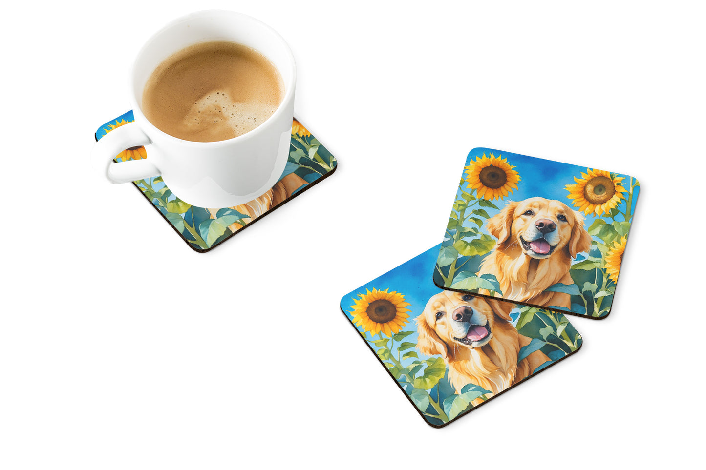 Golden Retriever in Sunflowers Foam Coasters