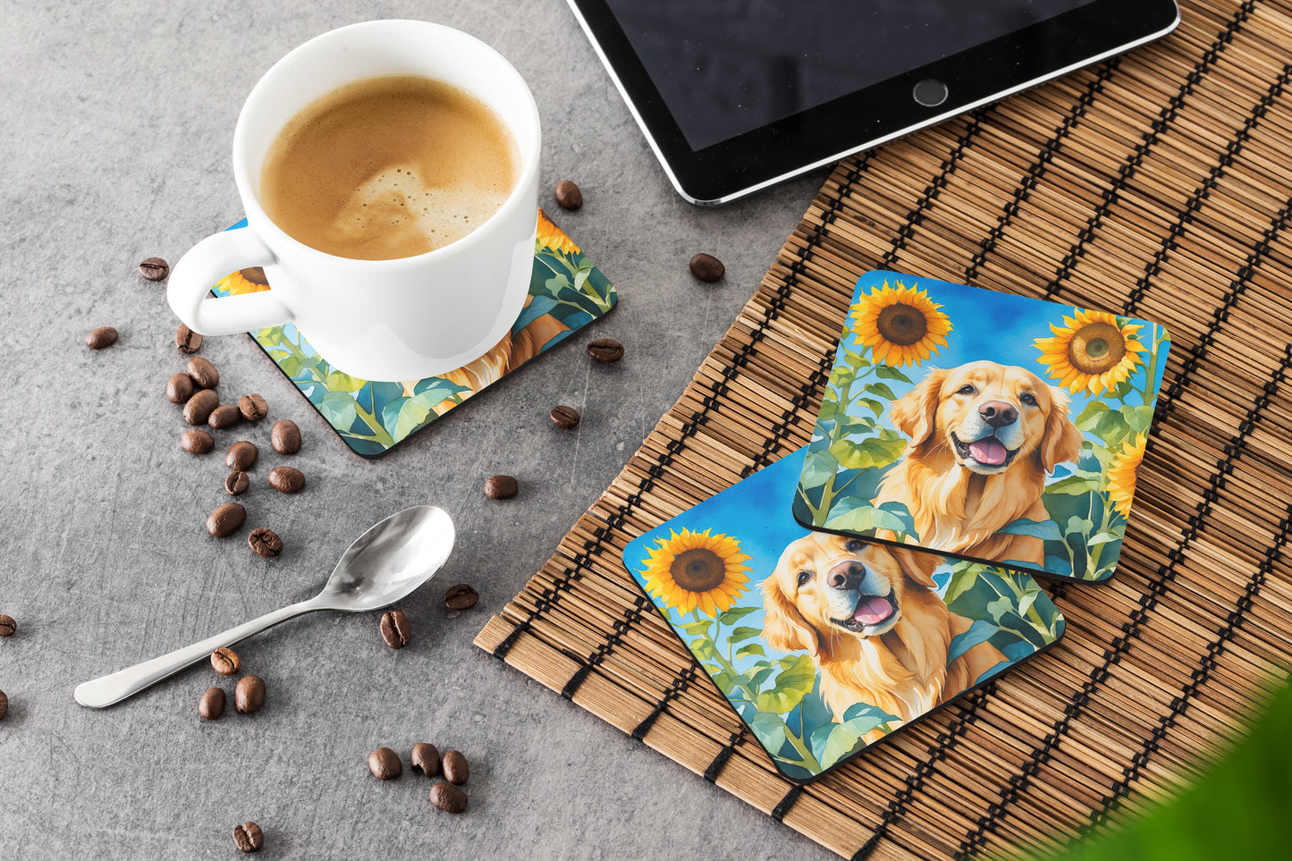 Golden Retriever in Sunflowers Foam Coasters