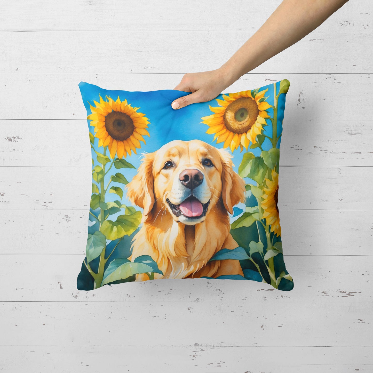 Golden Retriever in Sunflowers Throw Pillow