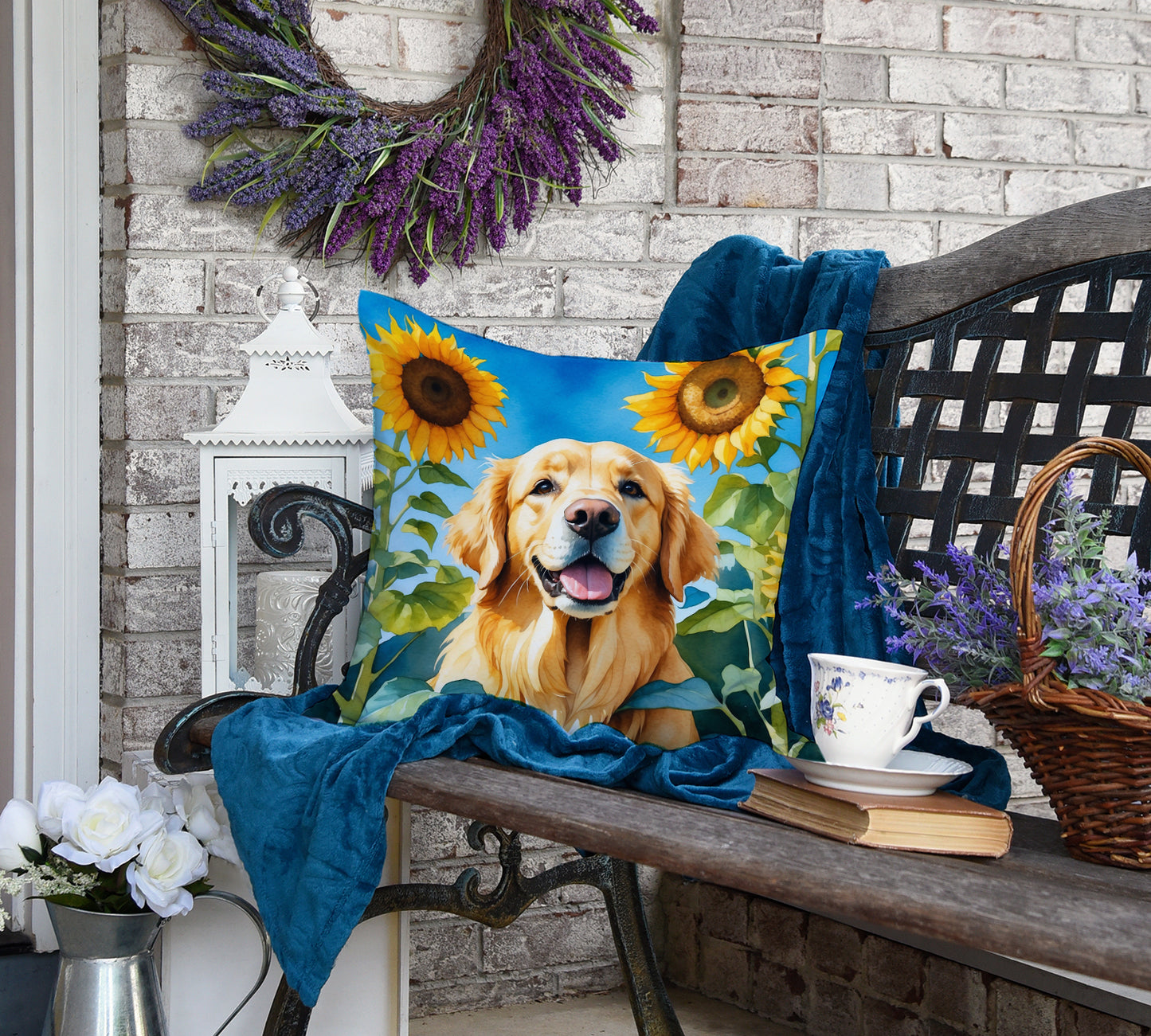 Golden Retriever in Sunflowers Throw Pillow