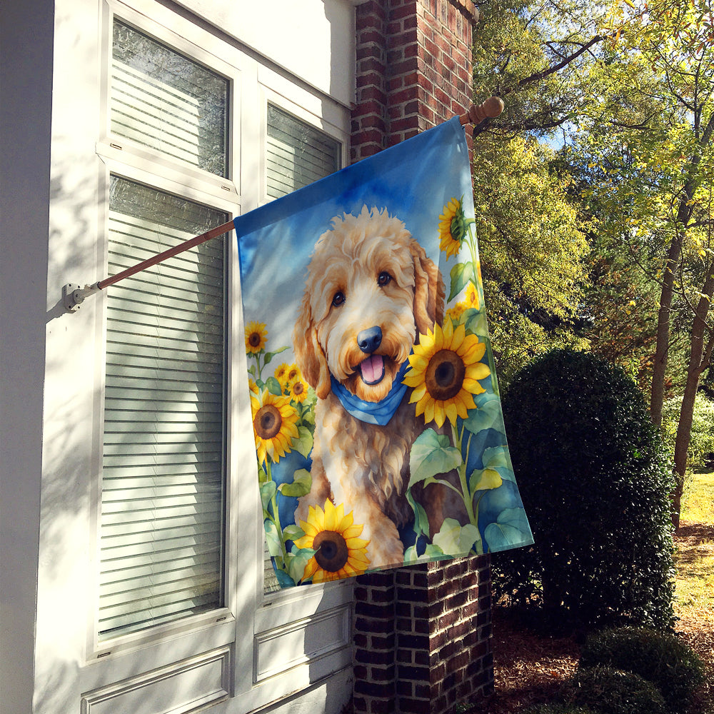 Goldendoodle in Sunflowers House Flag