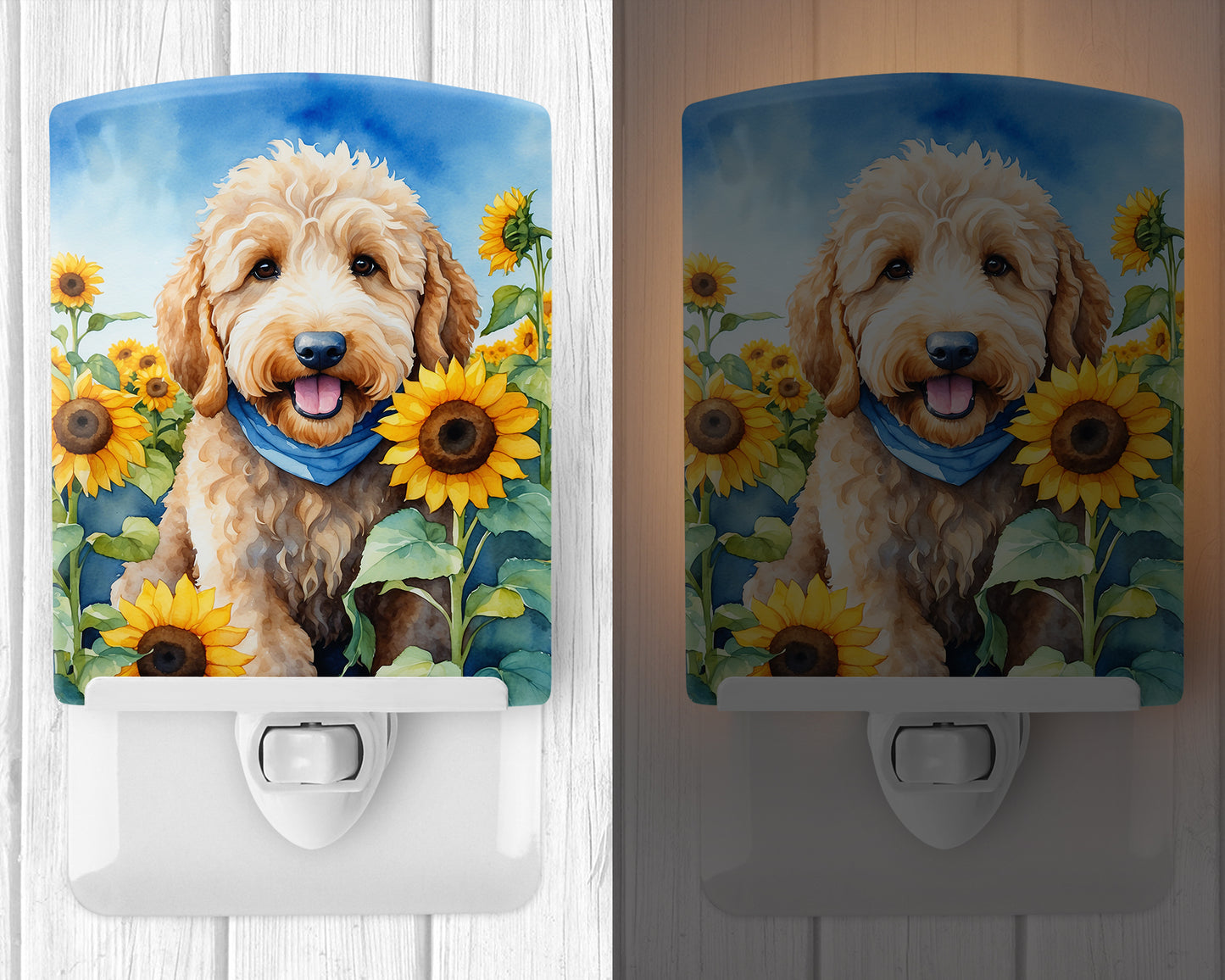 Goldendoodle in Sunflowers Ceramic Night Light