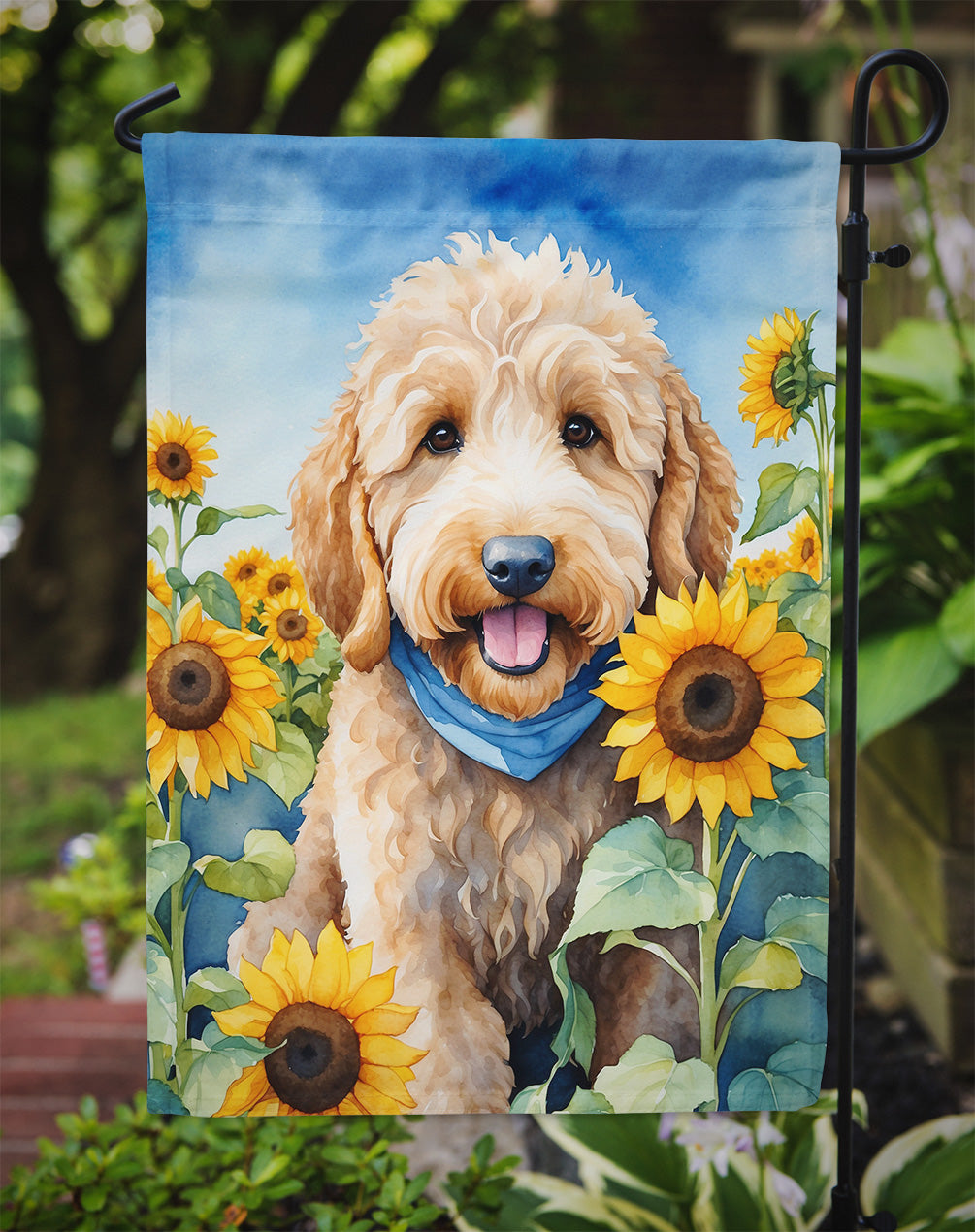 Goldendoodle in Sunflowers Garden Flag