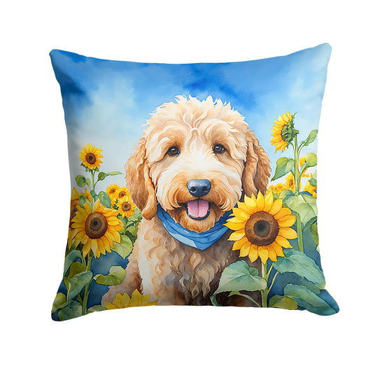 Buy this Goldendoodle in Sunflowers Throw Pillow