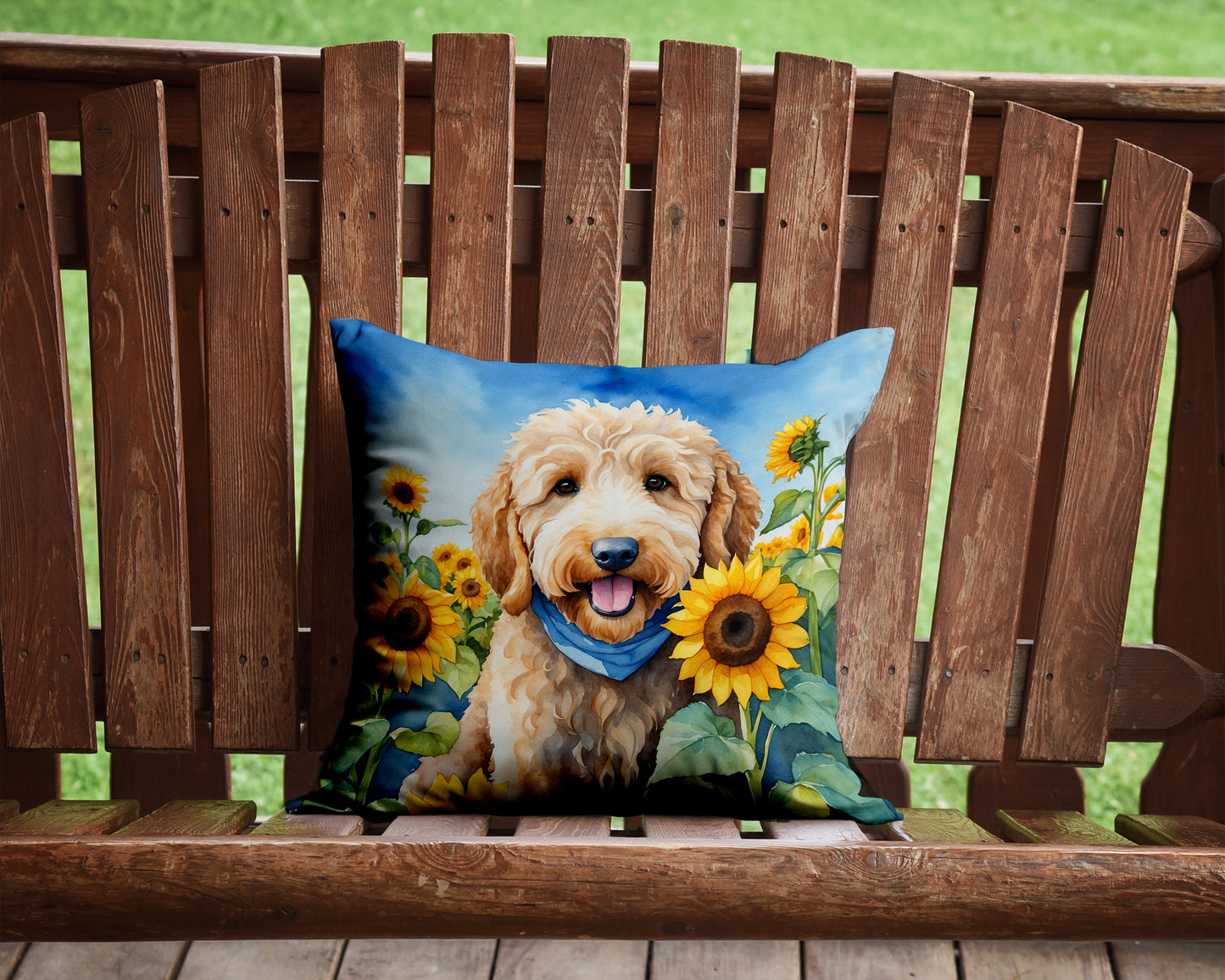 Goldendoodle in Sunflowers Throw Pillow