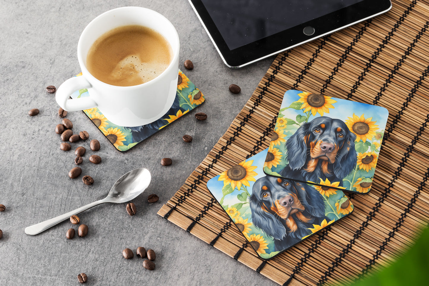Gordon Setter in Sunflowers Foam Coasters