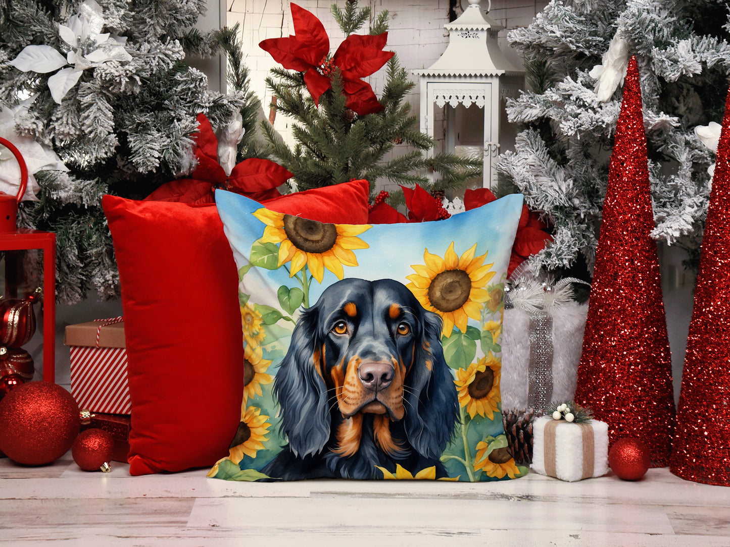 Gordon Setter in Sunflowers Throw Pillow