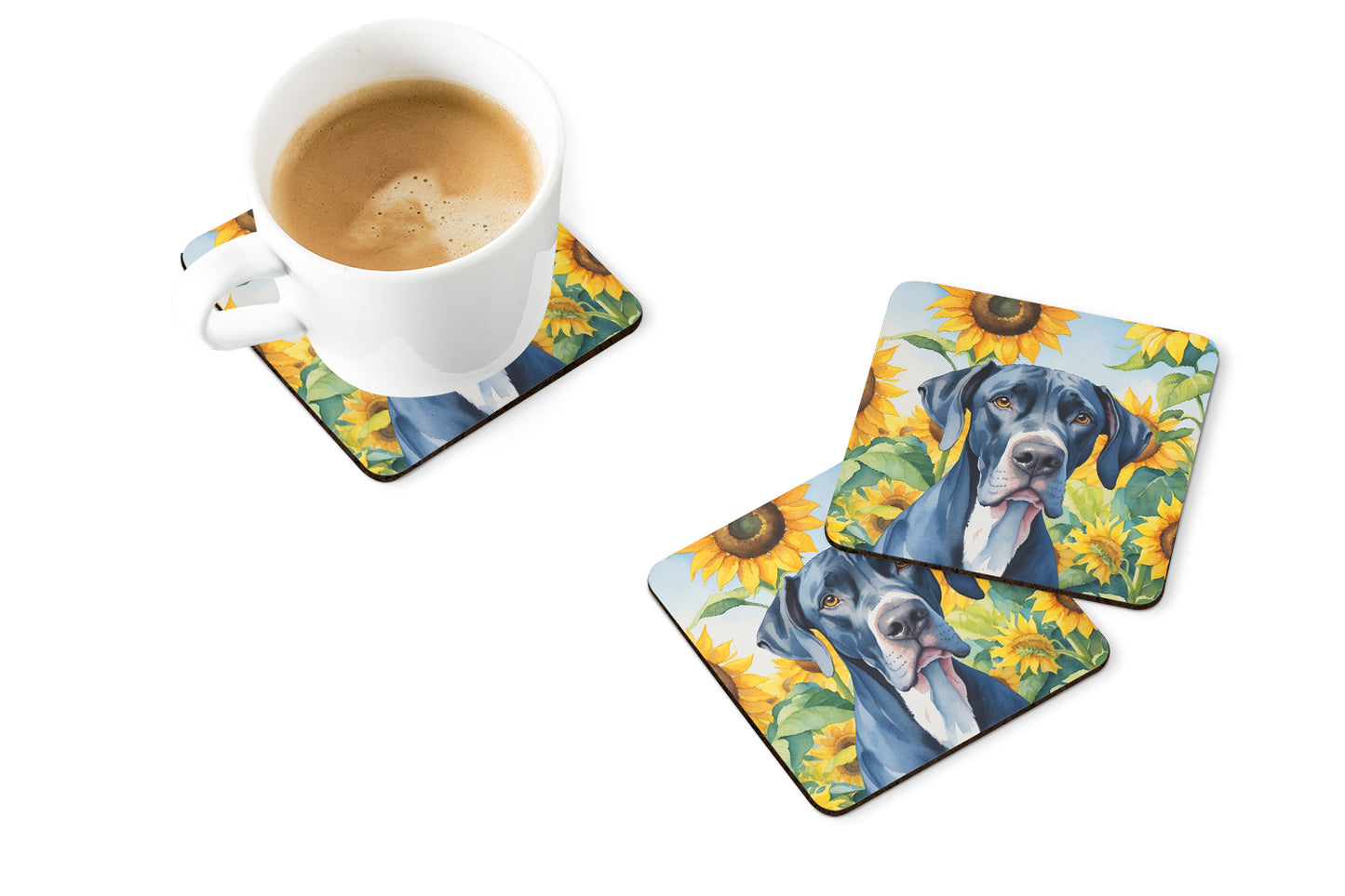 Great Dane in Sunflowers Foam Coasters