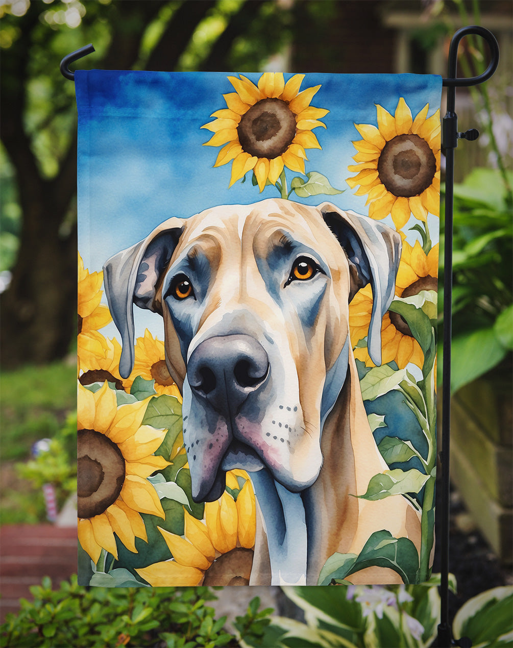 Great Dane in Sunflowers Garden Flag