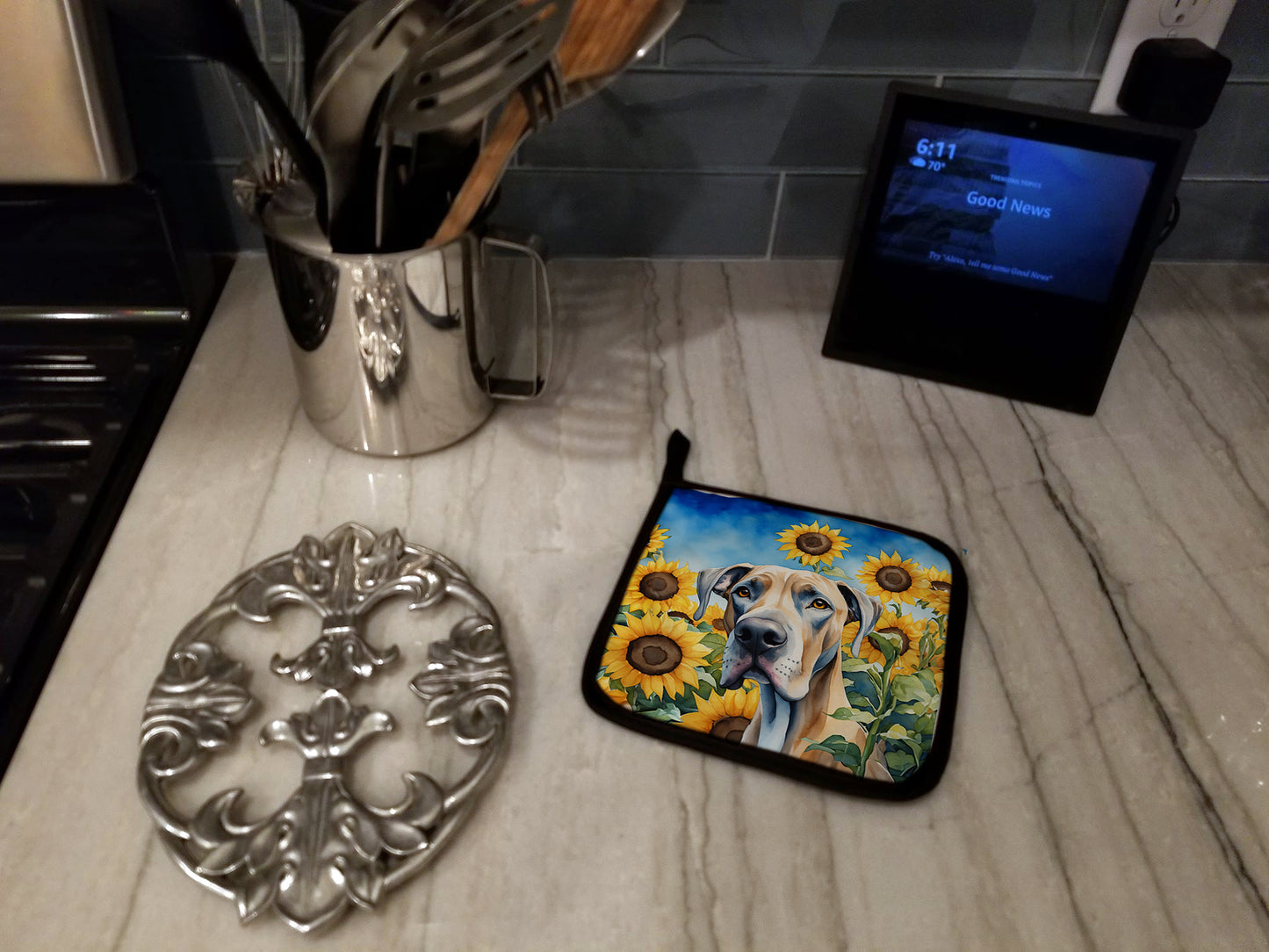 Great Dane in Sunflowers Pair of Pot Holders