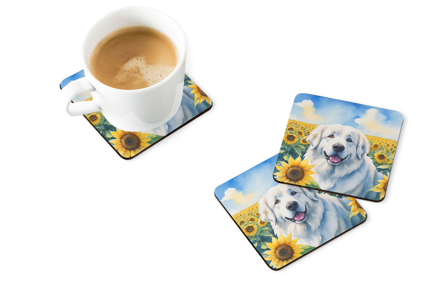 Great Pyrenees in Sunflowers Foam Coasters