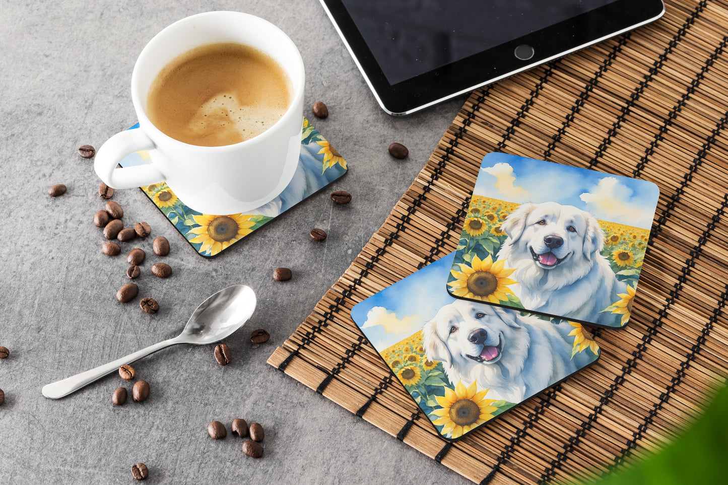 Great Pyrenees in Sunflowers Foam Coasters