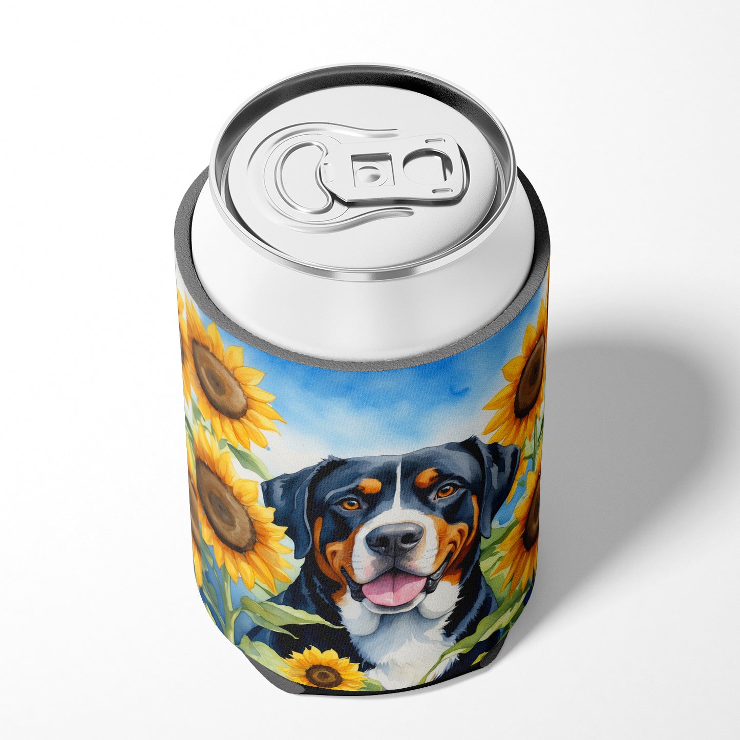 Greater Swiss Mountain Dog in Sunflowers Can or Bottle Hugger