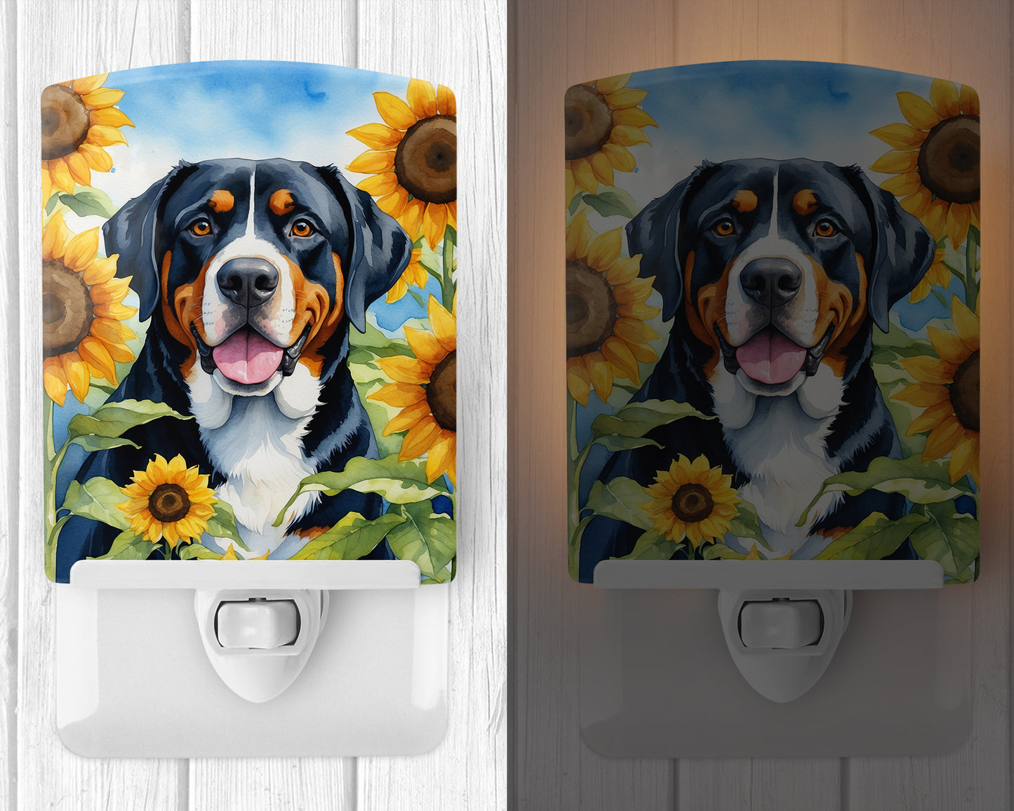 Greater Swiss Mountain Dog in Sunflowers Ceramic Night Light