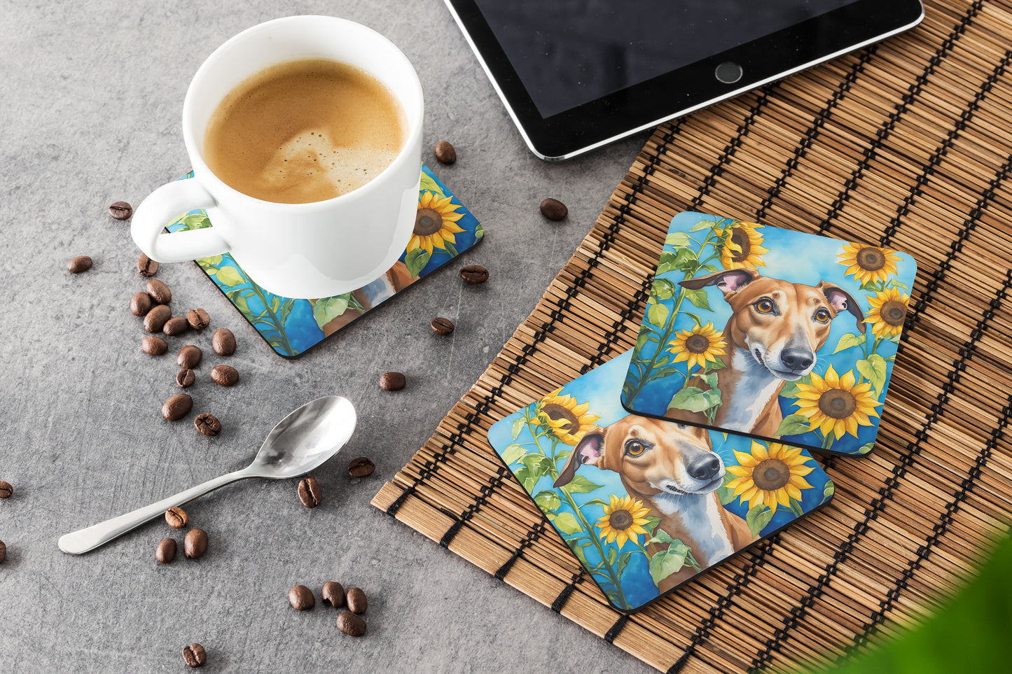 Greyhound in Sunflowers Foam Coasters